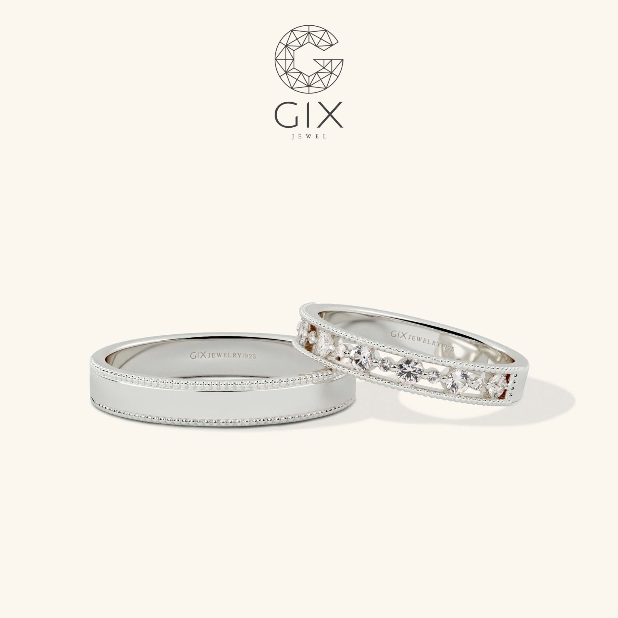 Nhẫn cưới hột xoàn đẹp vàng trắng 14k mới full hạt đính Moissanite Gix Jewel