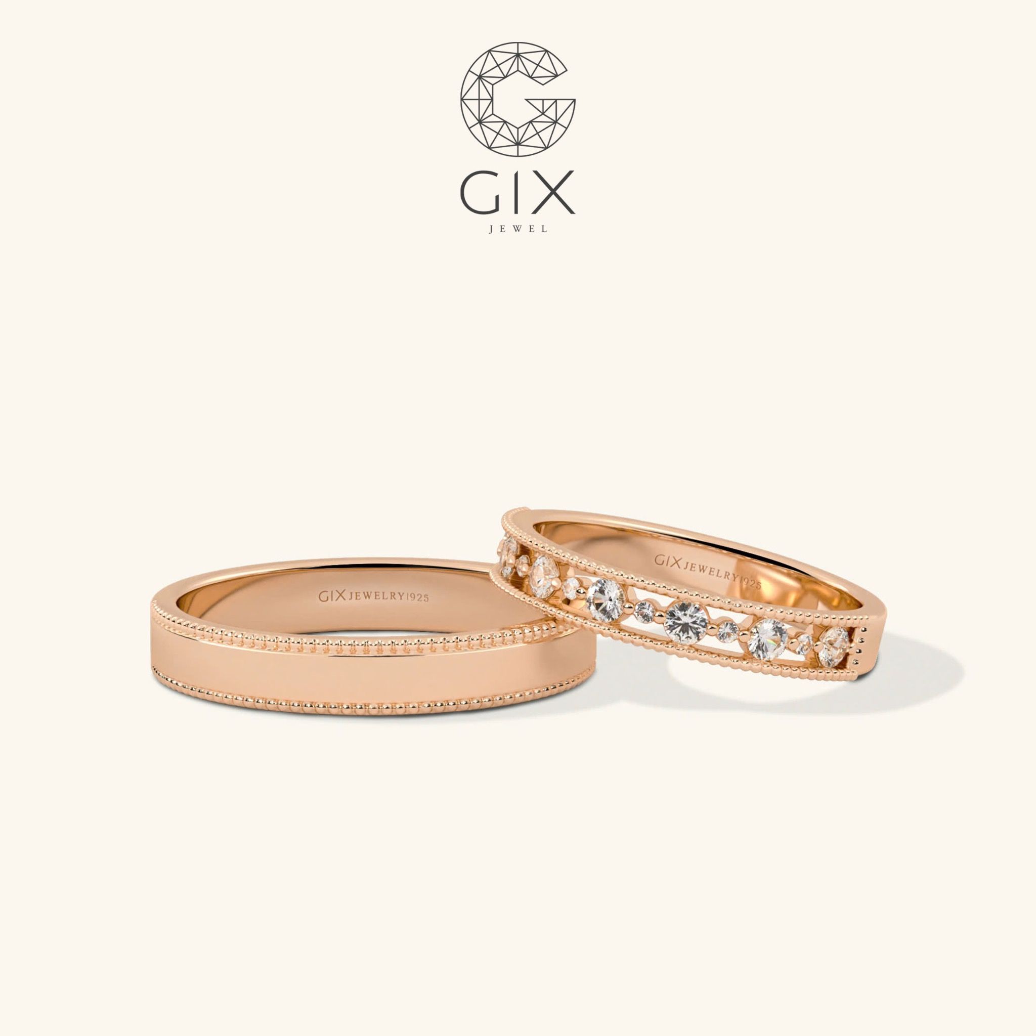 Nhẫn cưới hột xoàn đẹp vàng trắng 14k mới full hạt đính Moissanite Gix Jewel
