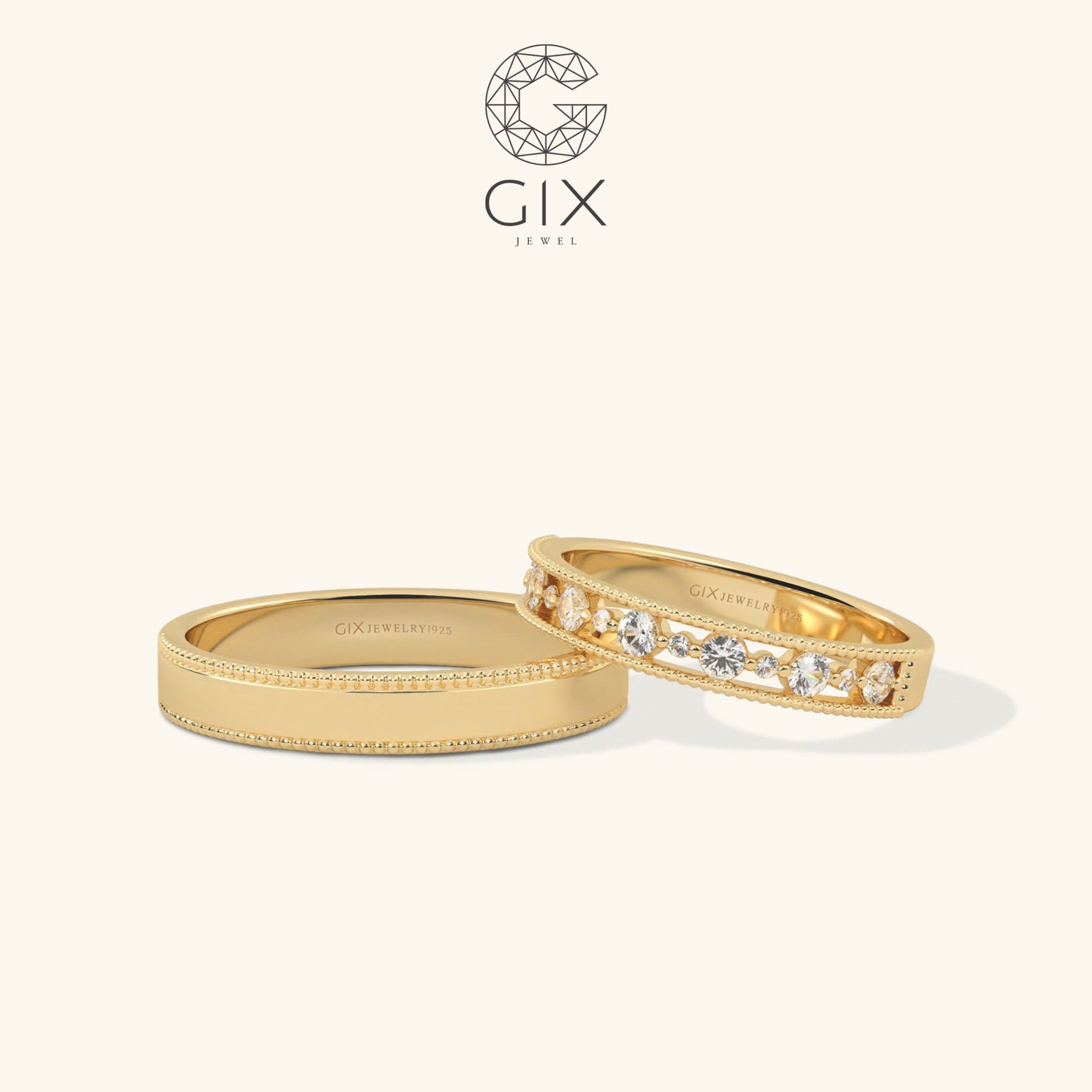 Nhẫn cưới hột xoàn đẹp vàng trắng 14k mới full hạt đính Moissanite Gix Jewel