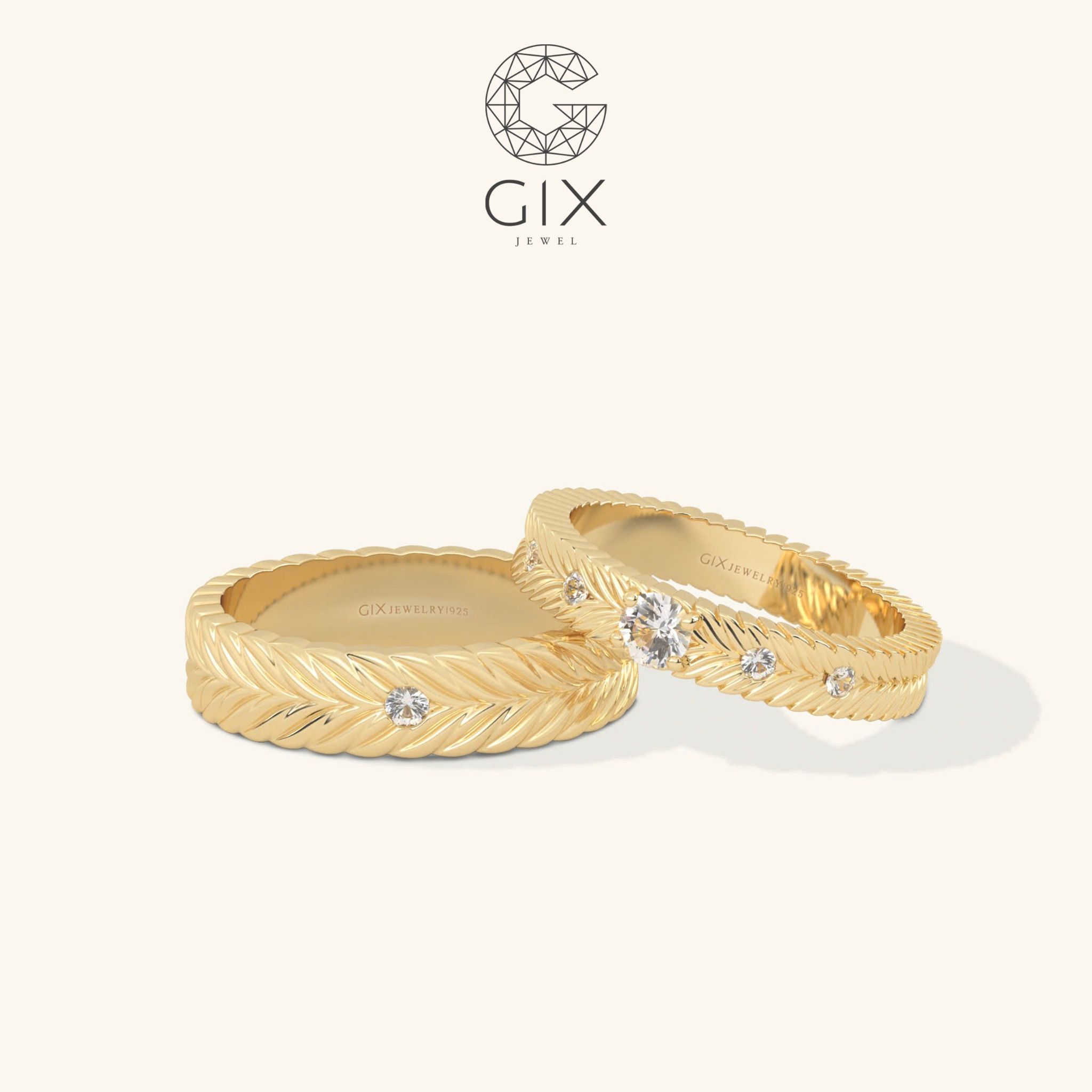 Nhẫn cưới kim cương đẹp vàng trắng 14k bản vuông hoa văn độc đáo Gix Jewel
