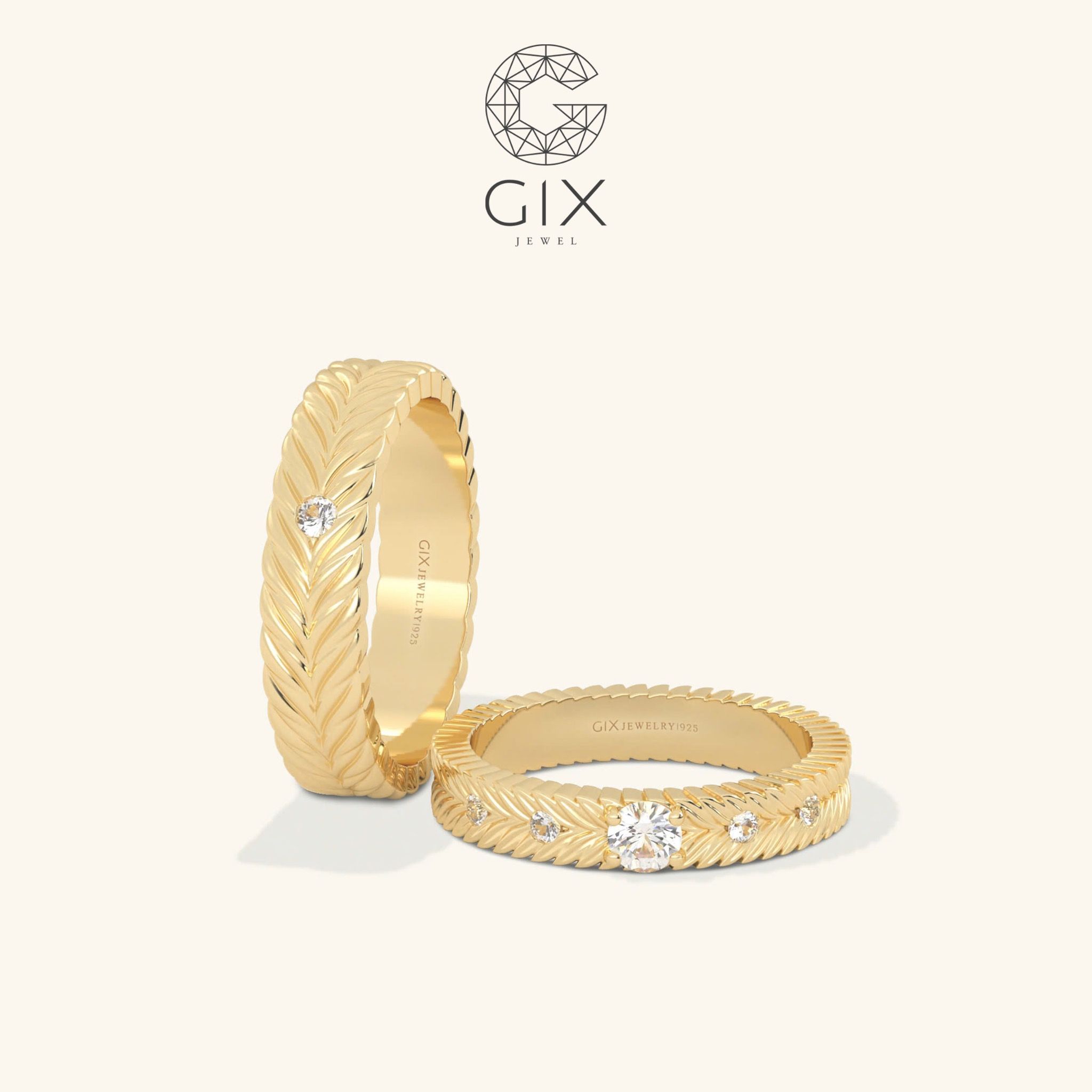 Nhẫn cưới vàng 14k bản vuông khắc hoa văn đẹp Gix Jewel - GCR25050088