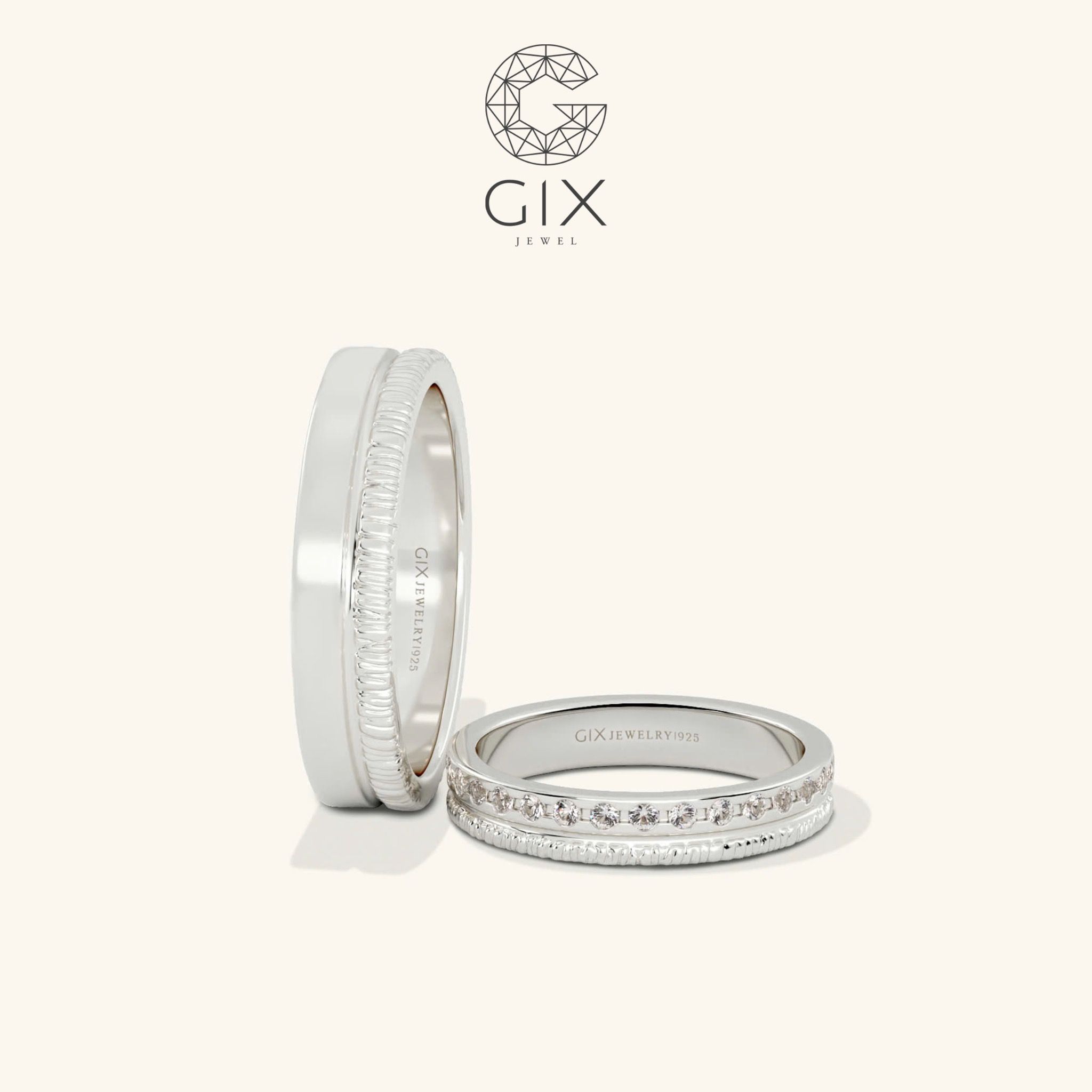Nhẫn cưới vàng 10k bản vuông khắc hoa văn Gixjewel - GCR25050088