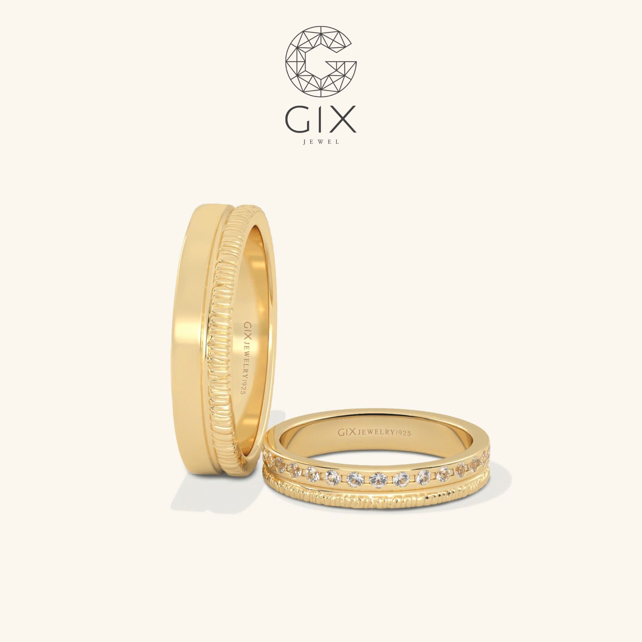 Nhẫn cưới vàng 10k bản vuông khắc hoa văn Gixjewel - GCR25050088