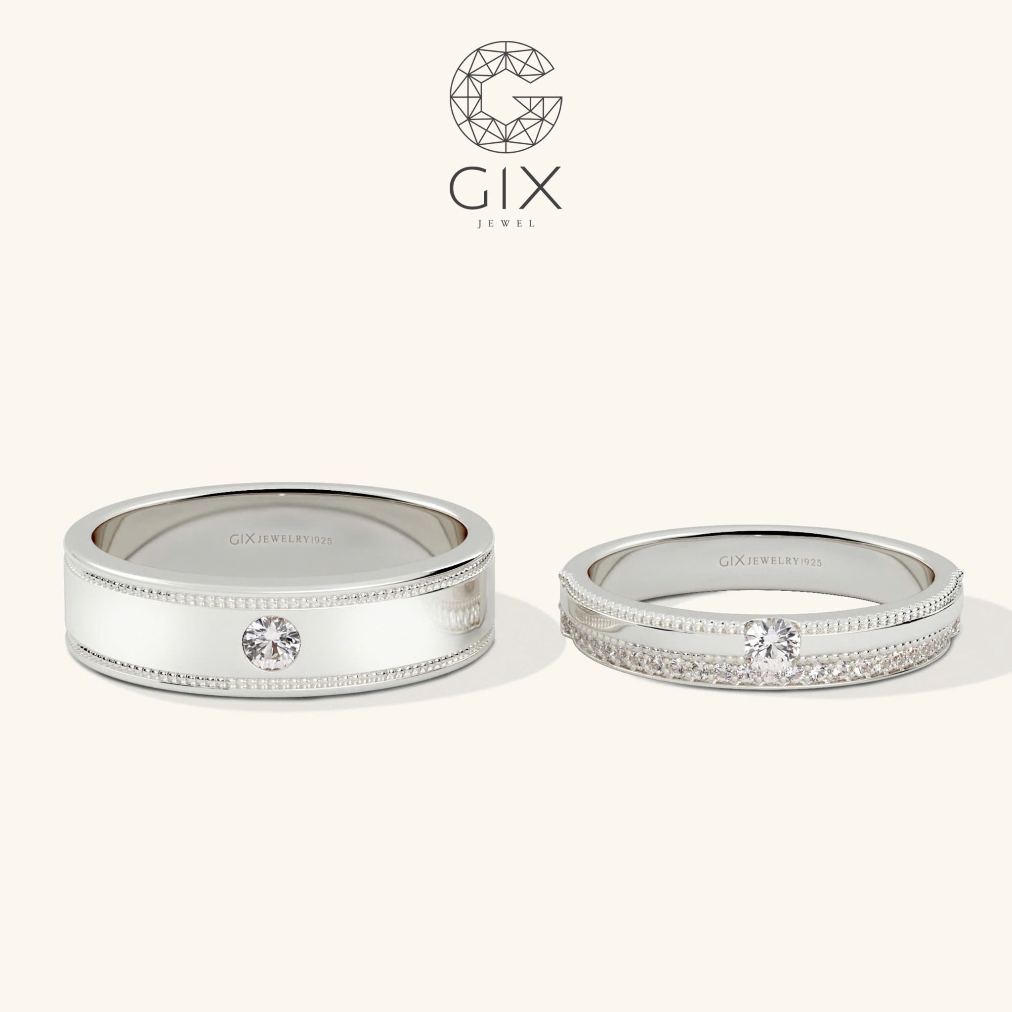 Nhẫn cưới vàng ý trắng 18k đẹp luxury đính kim cương cao cấp Gix Jewelry
