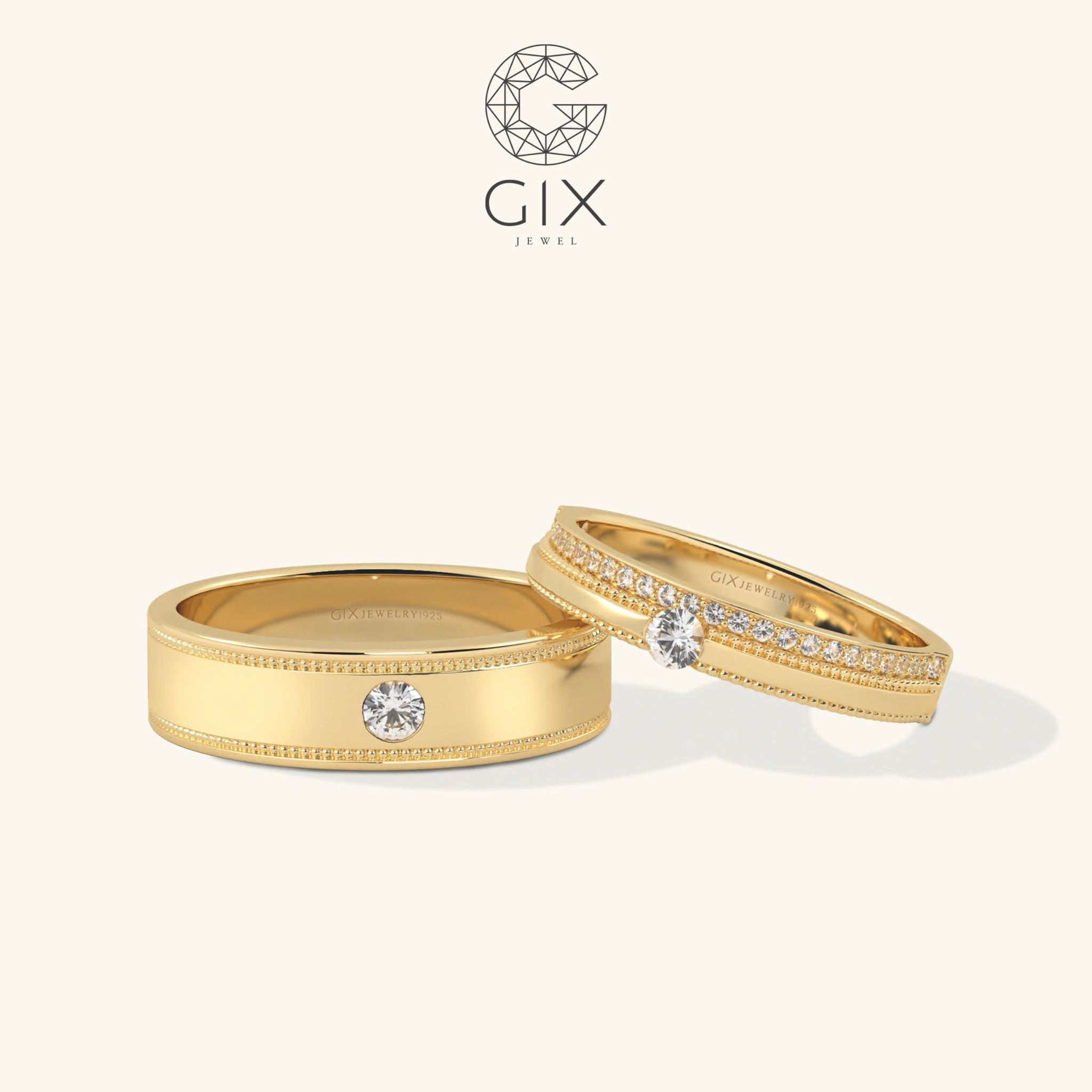 Nhẫn cưới vàng ý trắng 18k đẹp luxury đính kim cương cao cấp Gix Jewelry