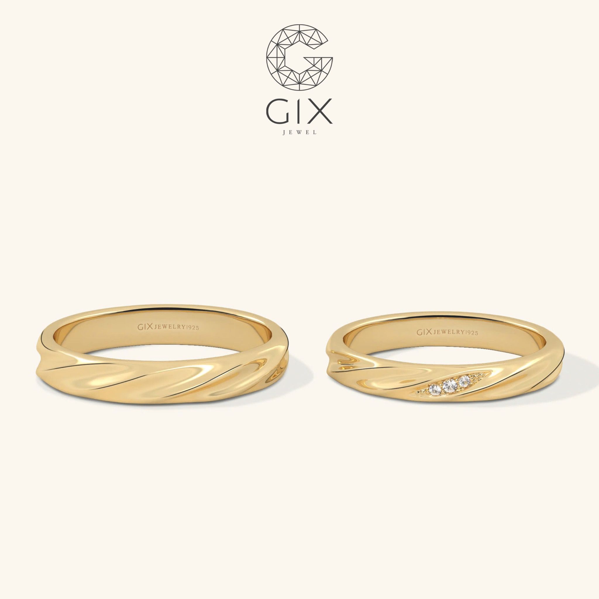 Nhẫn cưới thiết kế riêng đính kim cương vàng trắng 18k hiện đại Gix Jewel