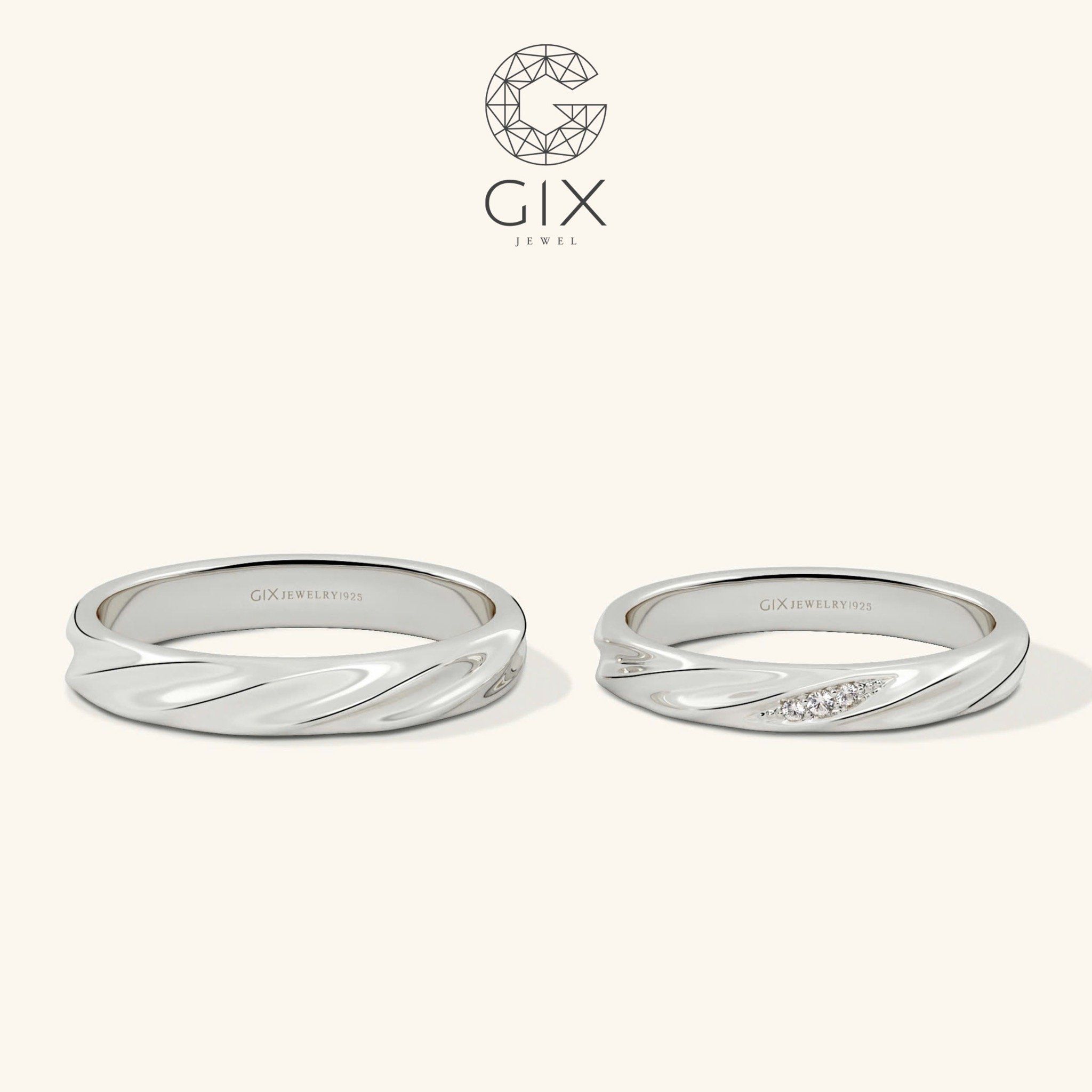 Nhẫn cưới thiết kế riêng đính kim cương vàng trắng 18k hiện đại Gix Jewel