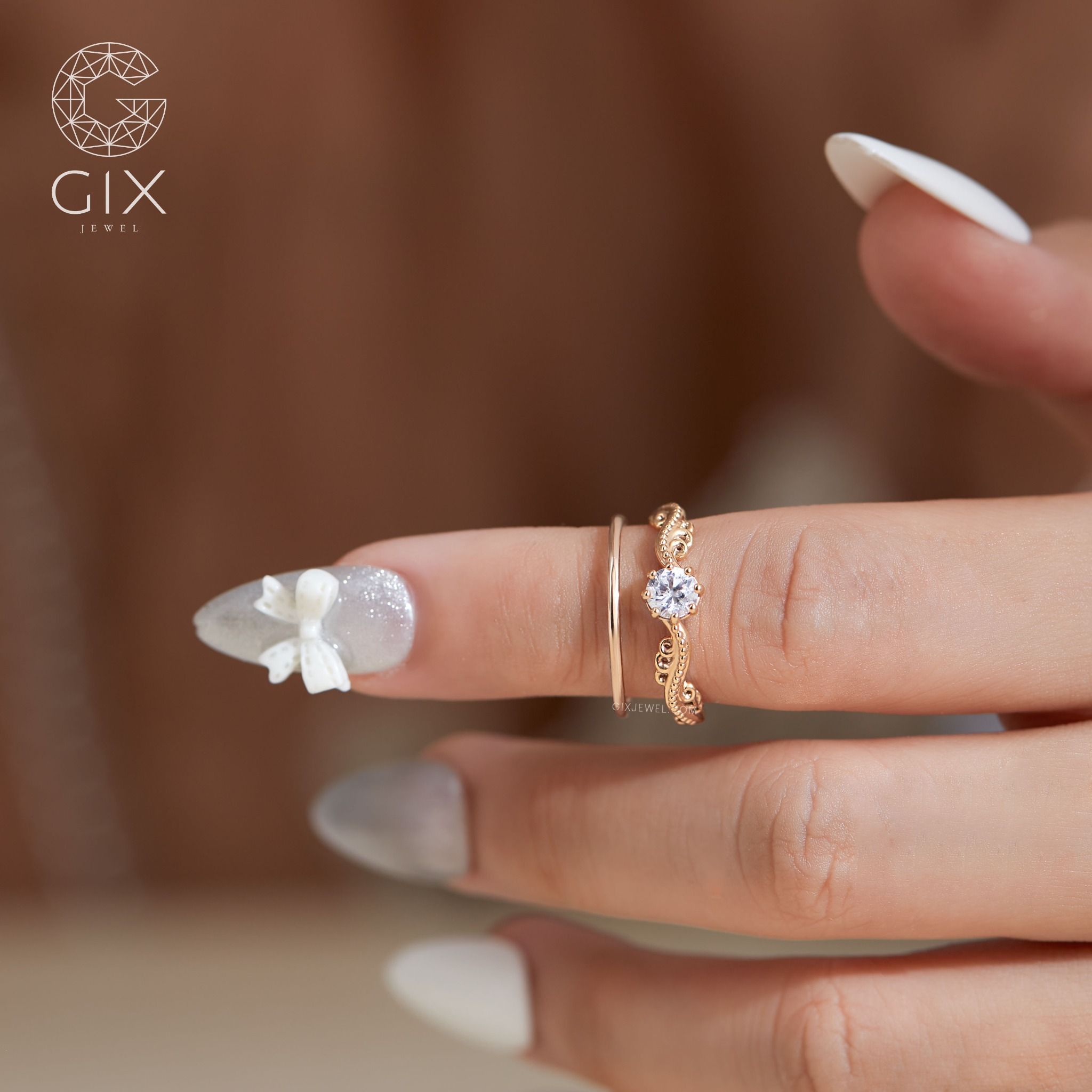 Nhẫn cầu hôn vàng tây 18k kim cương thiên nhiên đá Moissanite hoạ tiết đẹp Gix Jewel