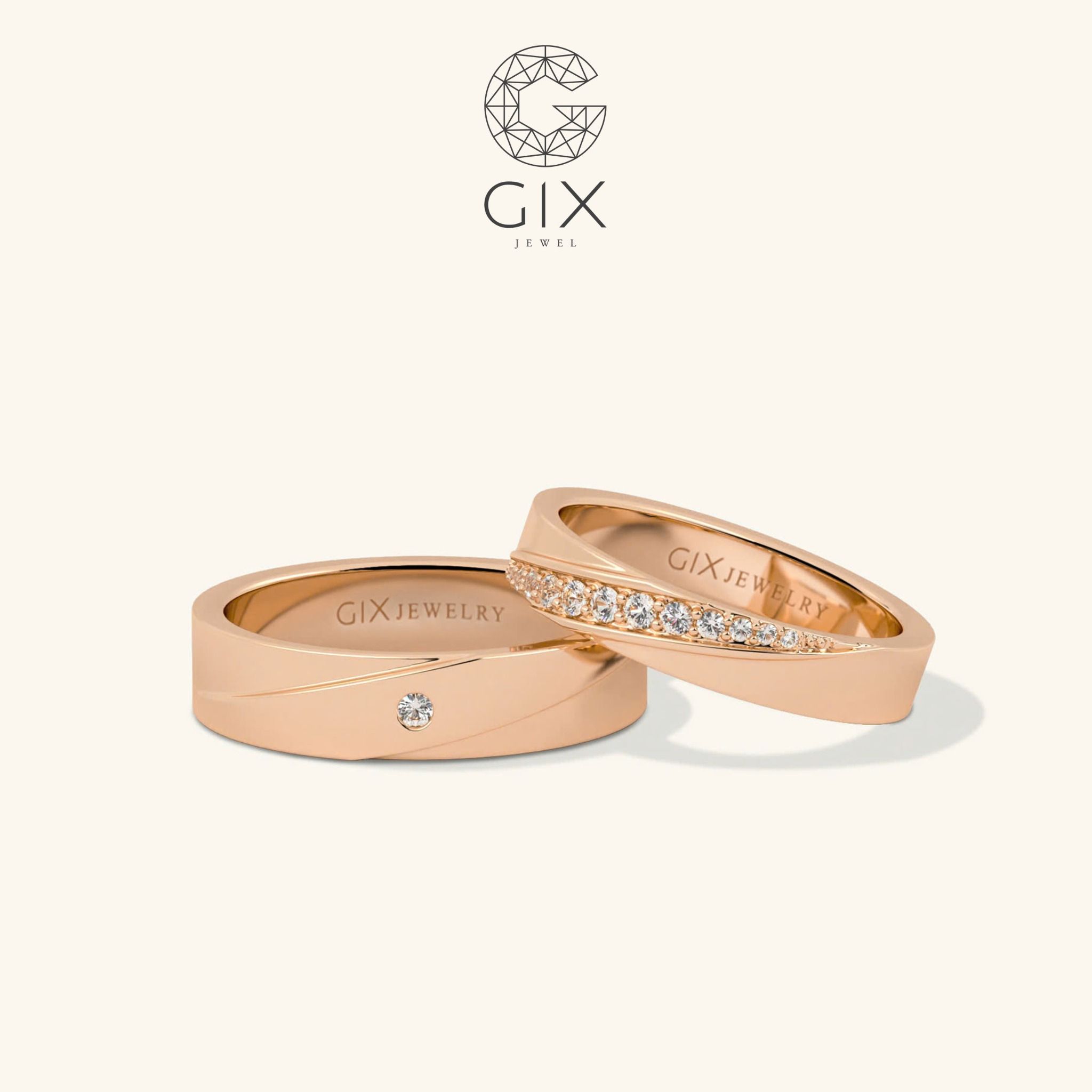 Nhẫn cưới vàng hồng rose gold đẹp sang trọng khắc vân tay đính đá Gix Jewel