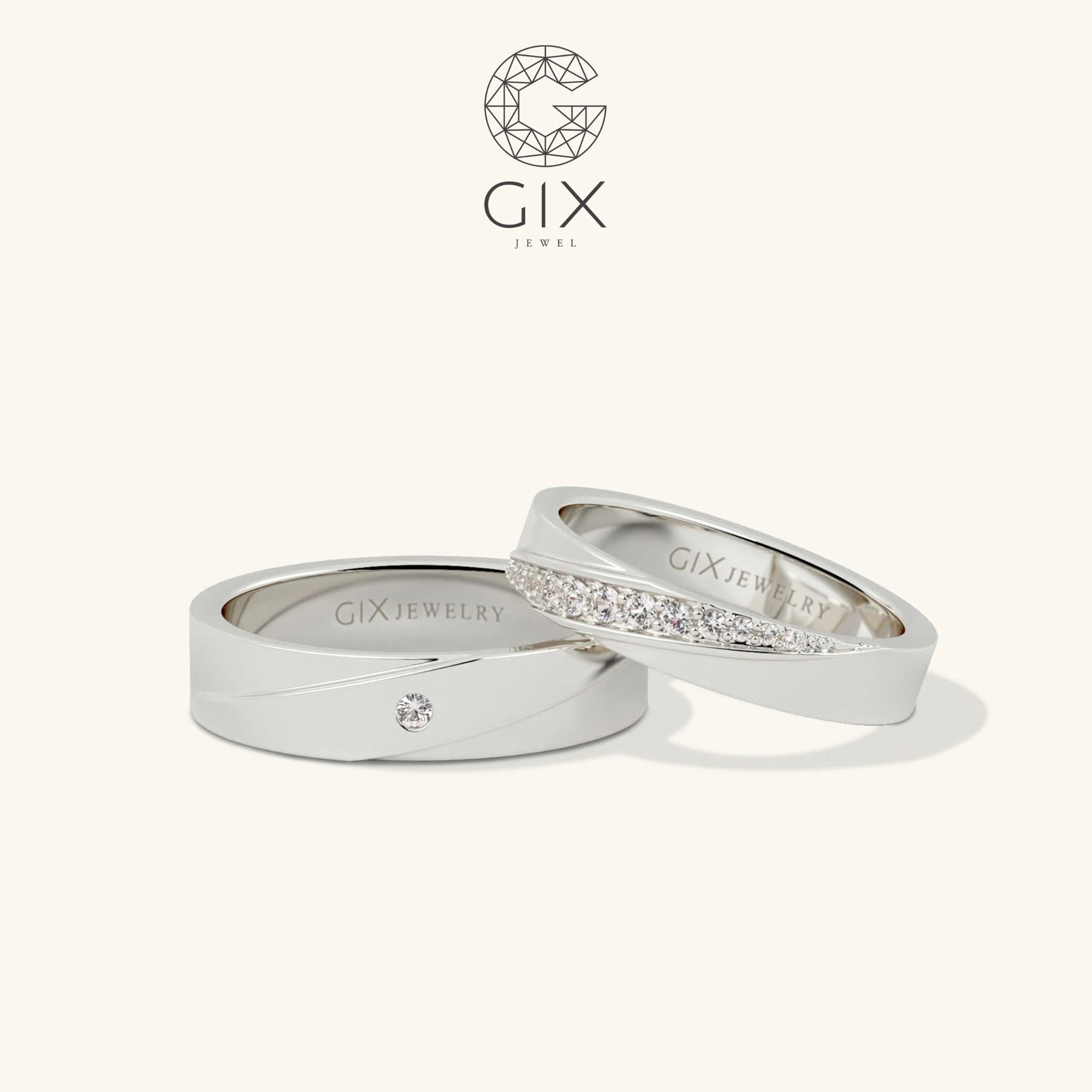 Nhẫn cưới vàng hồng rose gold đẹp sang trọng khắc vân tay đính đá Gix Jewel