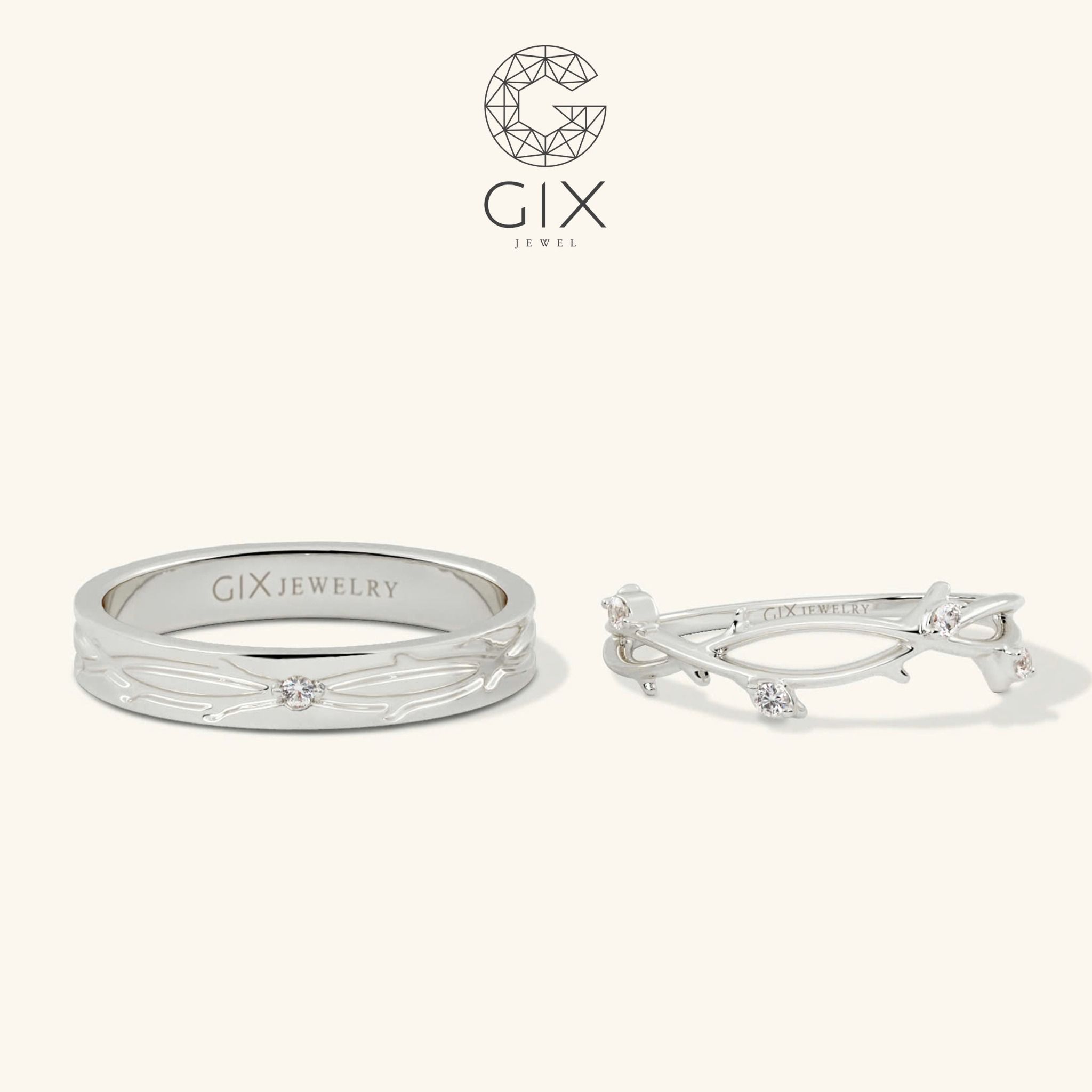 Nhẫn cưới kim cương vàng trắng 14k sang trọng thiết kế hoa văn cành lá Gix Jewel