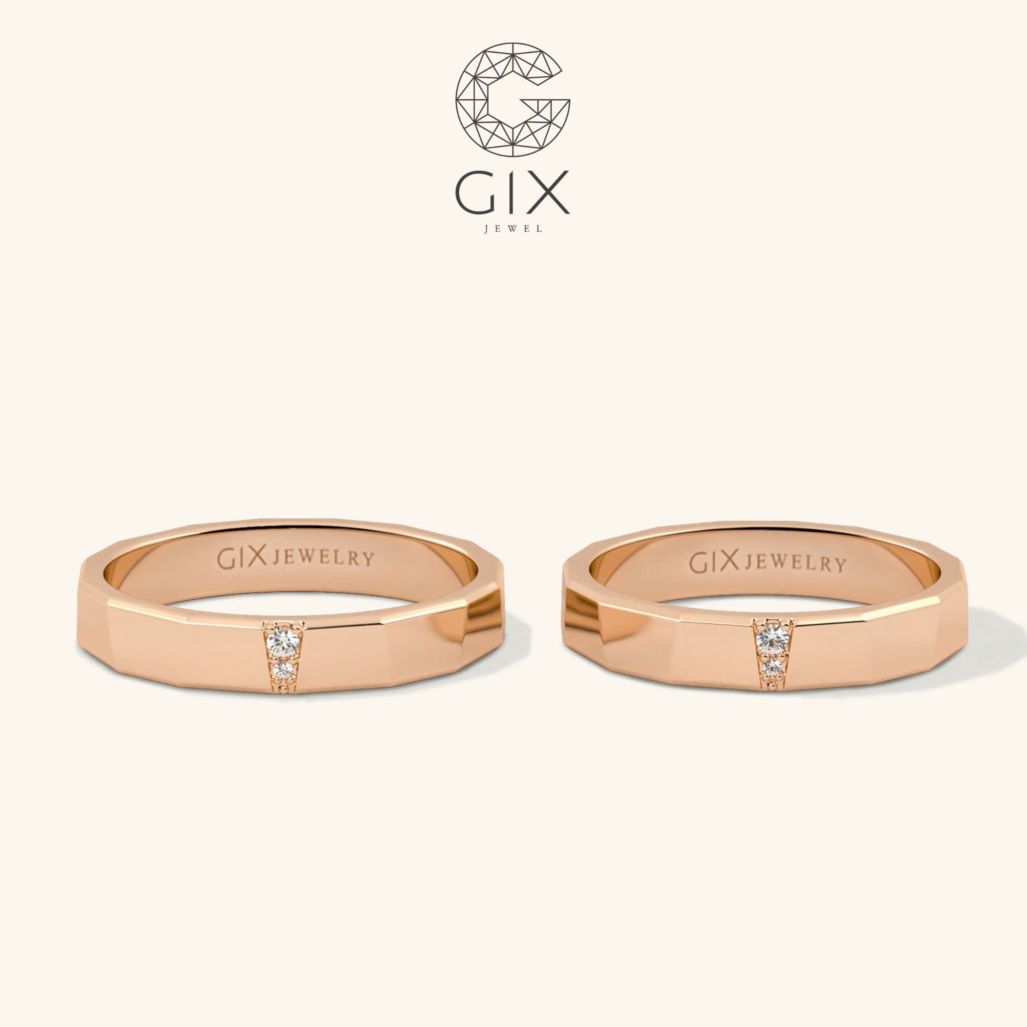 Cặp nhẫn cưới thiết kế riêng vàng tây 18k đẹp sang trọng vát cạnh gắn kim cương Gix Jewel