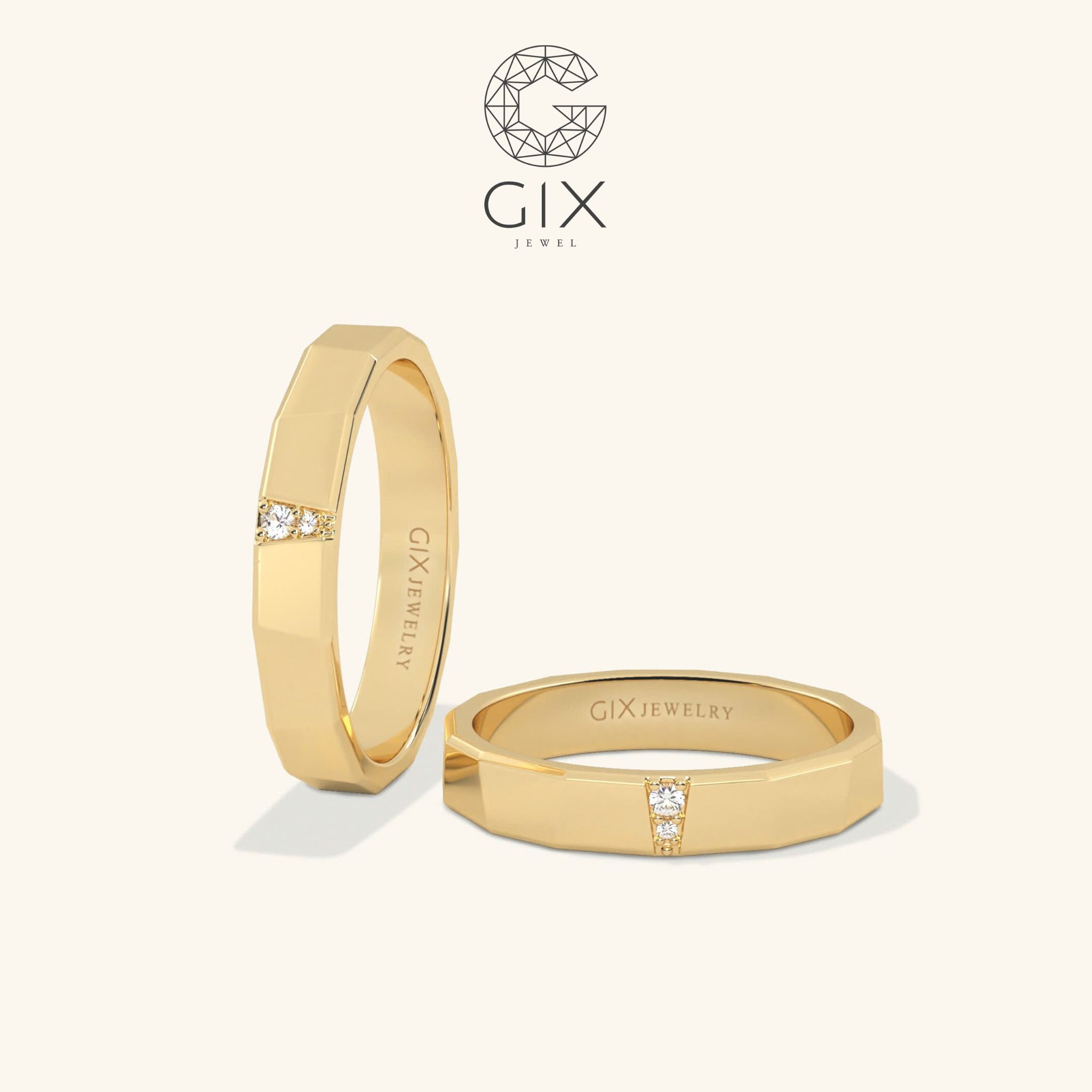 Cặp nhẫn cưới thiết kế riêng vàng tây 18k đẹp sang trọng vát cạnh gắn kim cương Gix Jewel