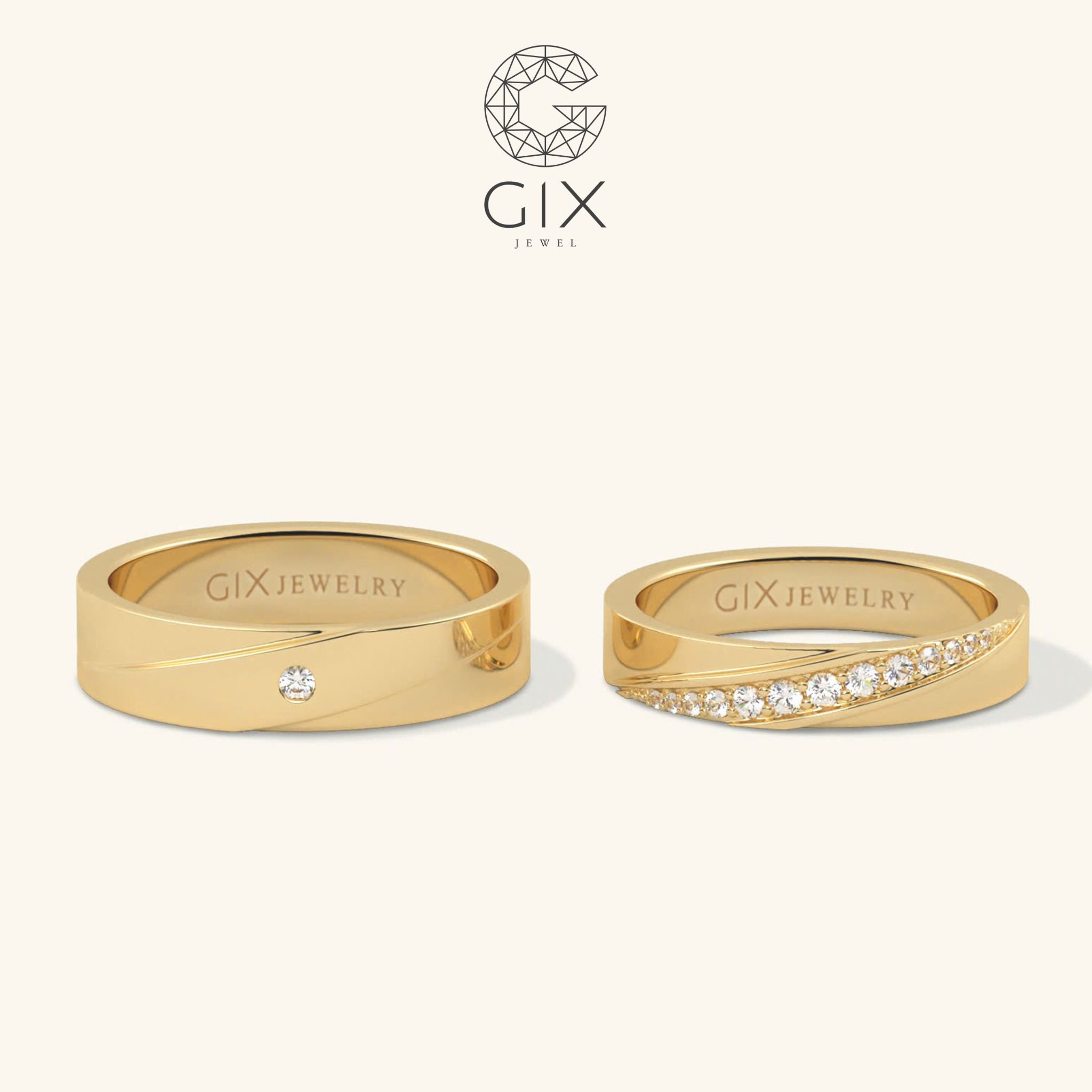 Nhẫn cưới vàng hồng rose gold đẹp sang trọng khắc vân tay đính đá Gix Jewel