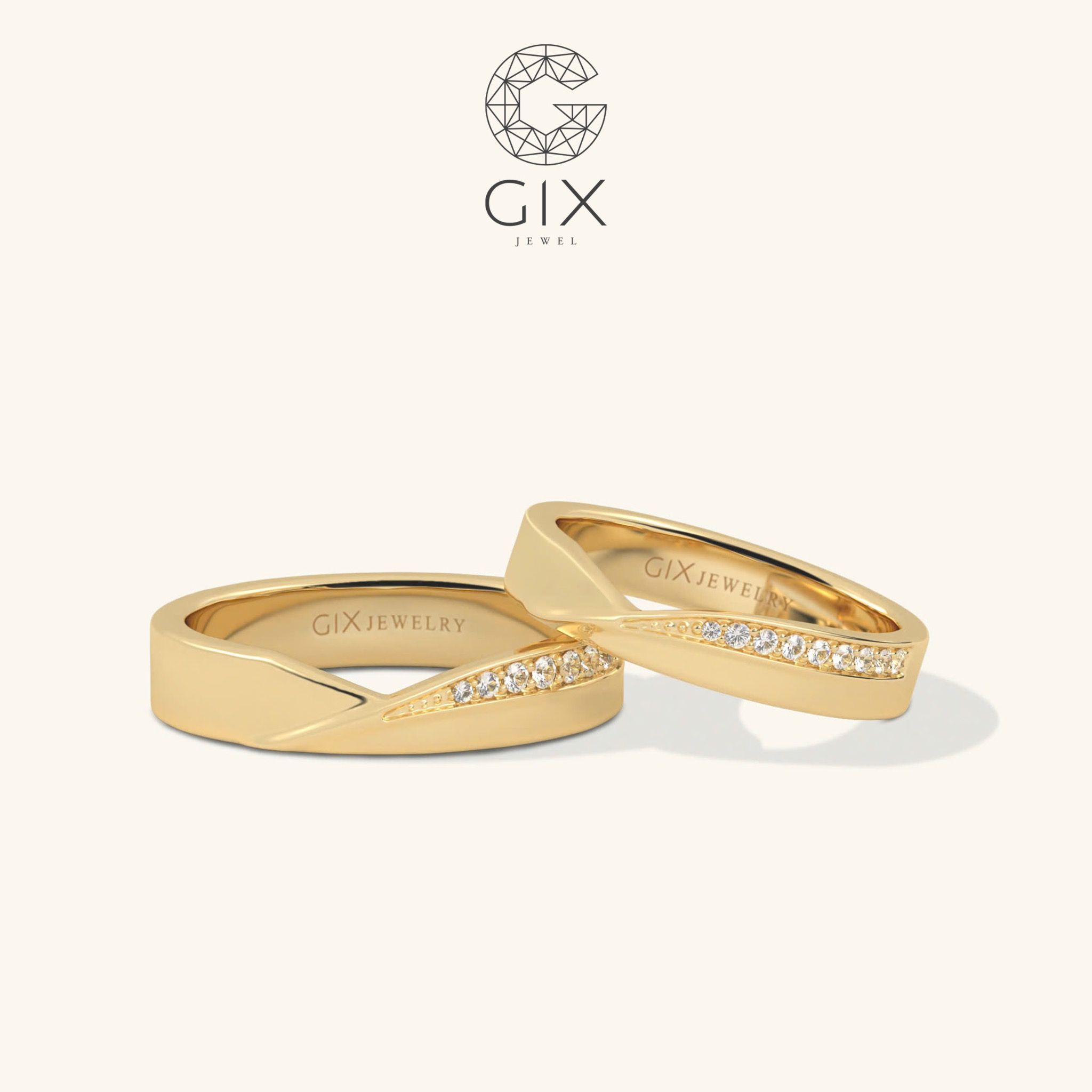 Nhẫn cưới hiện đại vàng trắng đính kim cương bản to đẹp khắc chữ Gix Jewelry