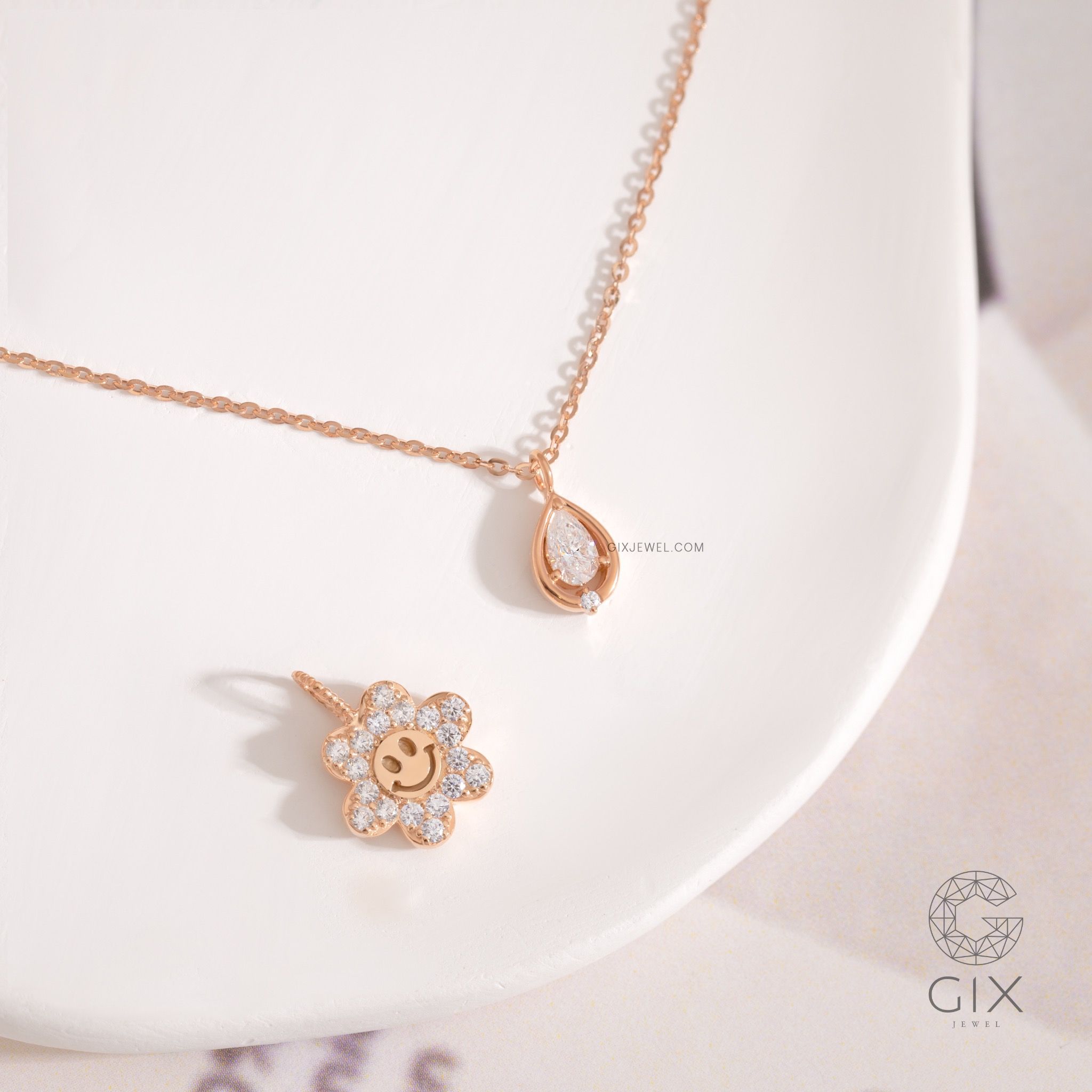 Dây chuyền vàng trắng ý nữ đẹp sợi mảnh hình giọt nước đính kim cương thật Gix Jewel