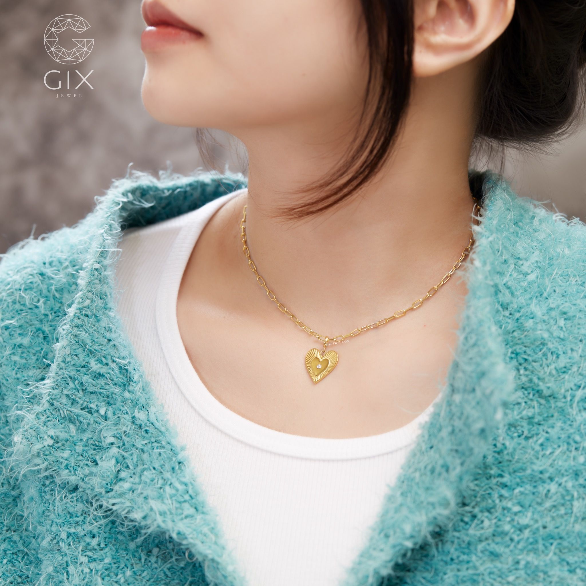 Dây chuyền vàng tây bạc ý nữ mắc xích vuông hình trái tim đính kim cương đẹp Gix Jewel