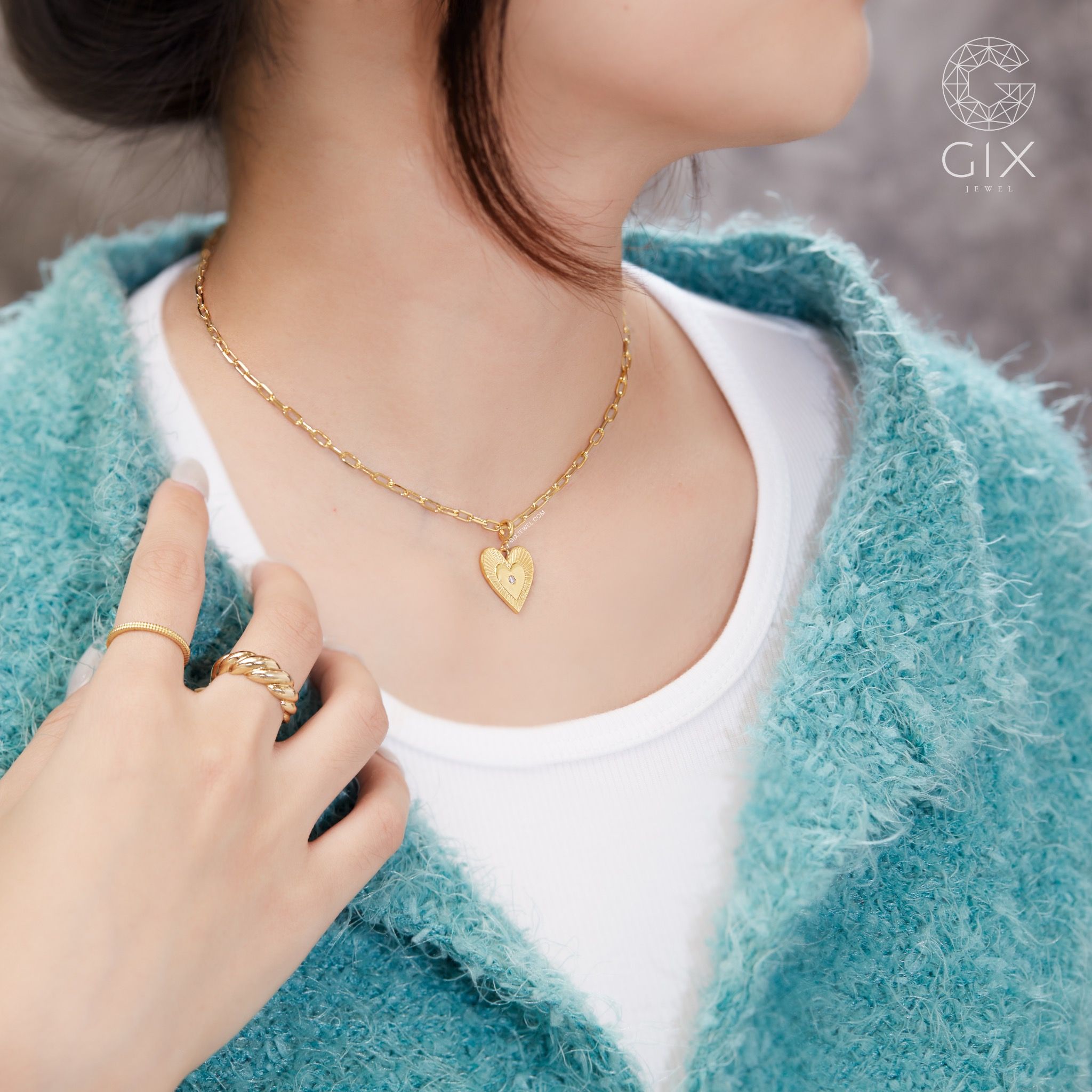 Dây chuyền vàng tây bạc ý nữ mắc xích vuông hình trái tim đính kim cương đẹp Gix Jewel