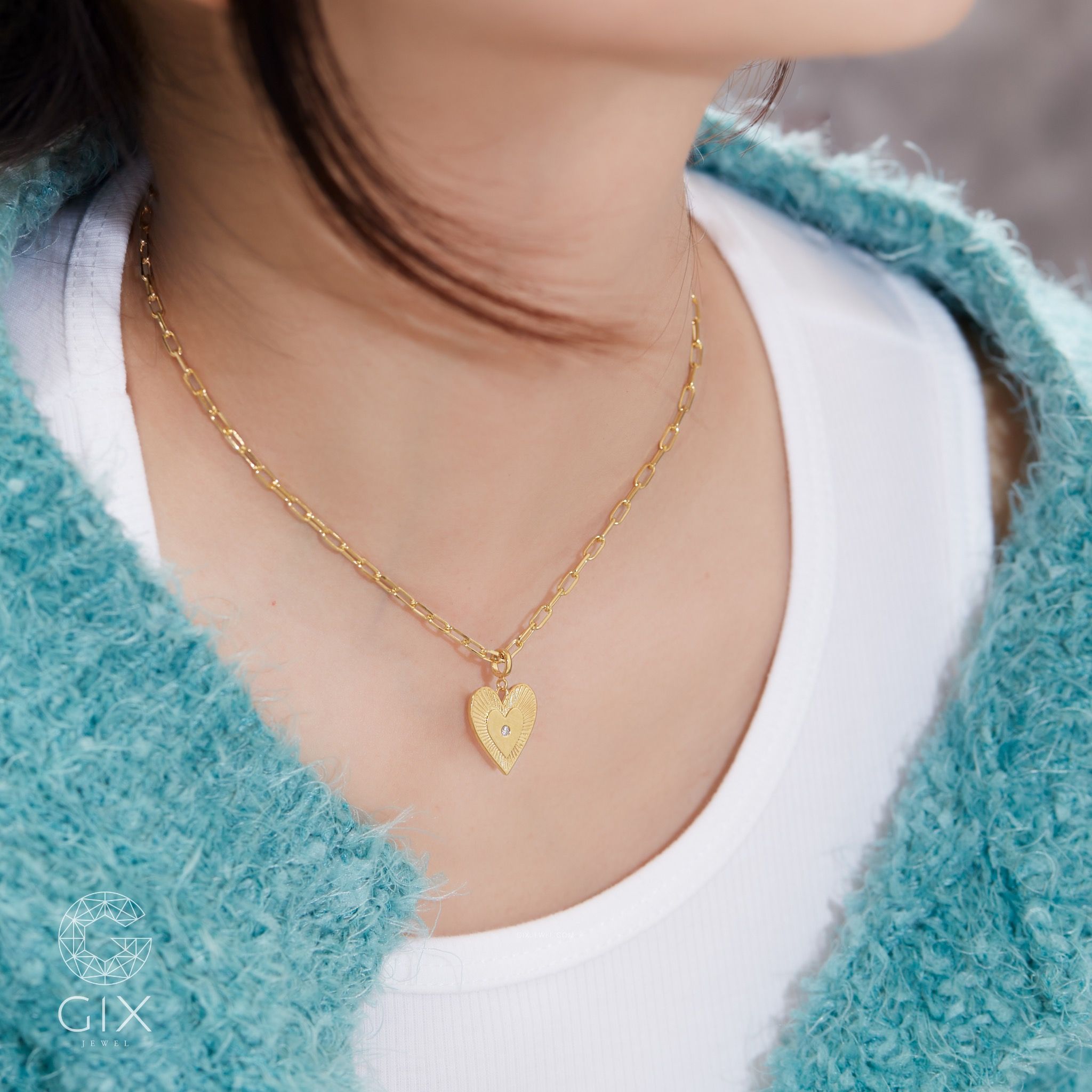 Dây chuyền vàng tây bạc ý nữ mắc xích vuông hình trái tim đính kim cương đẹp Gix Jewel