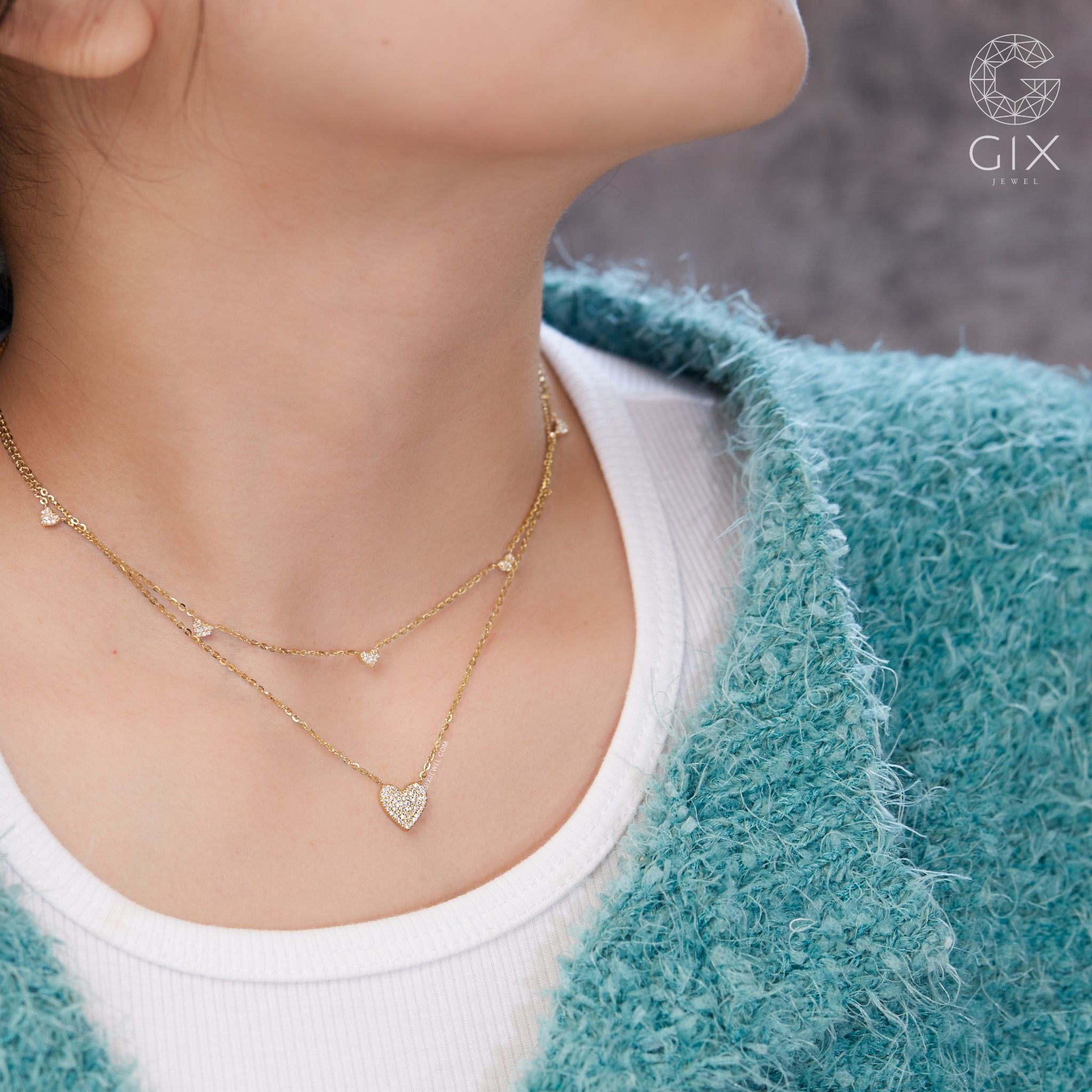 Dây chuyền kim cương vàng tây chữ cong 18k hình trái tim sợi mảnh đẹp GixJewelry