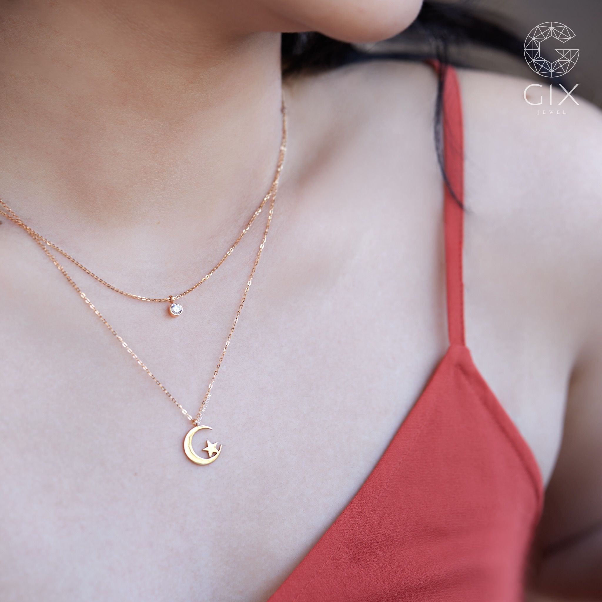 Dây chuyền vàng hồng 18k nữ sợi nhuyễn hình mặt trăng đính kim cương hợp đi tiệc Gix Jewel
