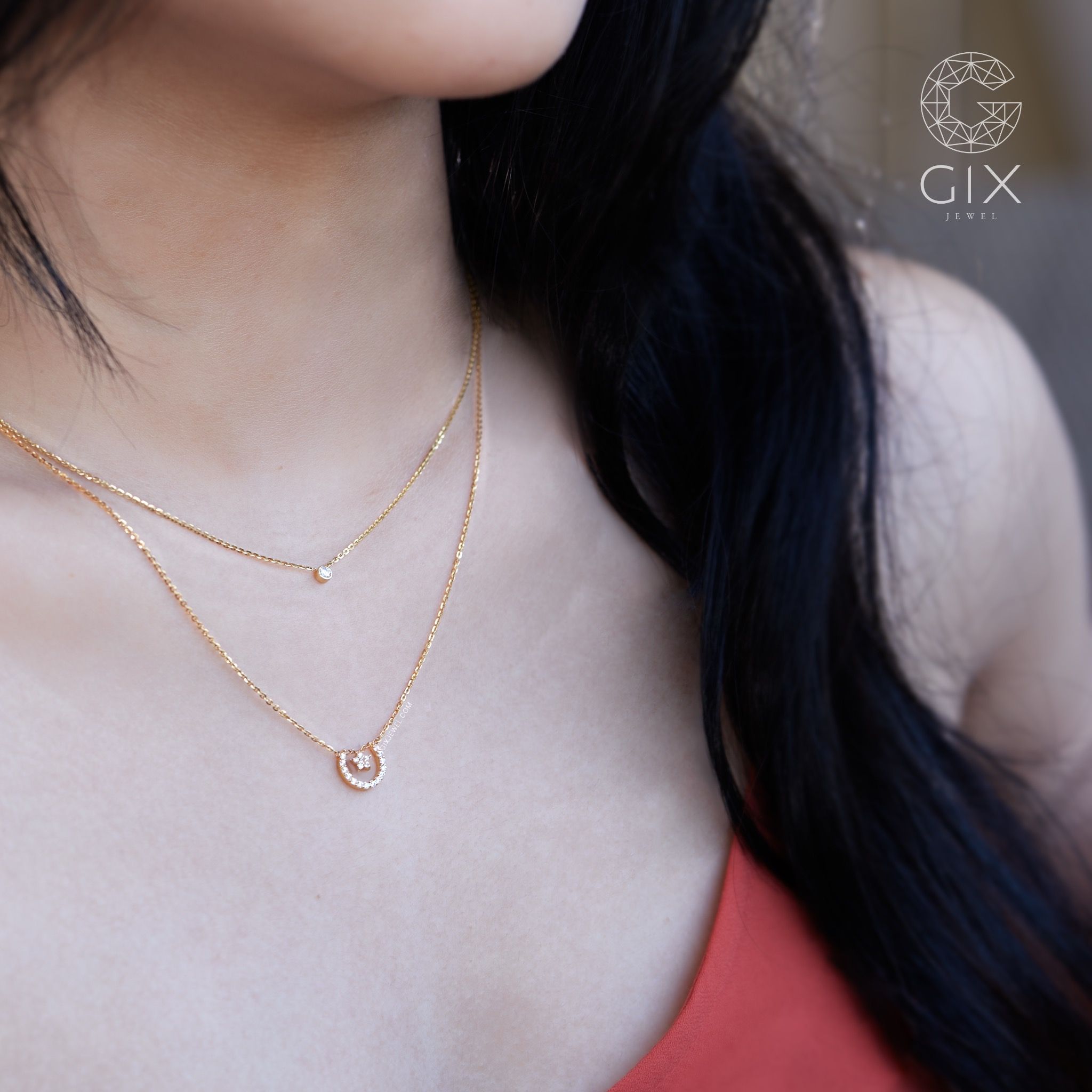 Dây chuyền vàng trắng 18k bạc ý 925 đính đá hạt tròn xinh xắn Gixjewel