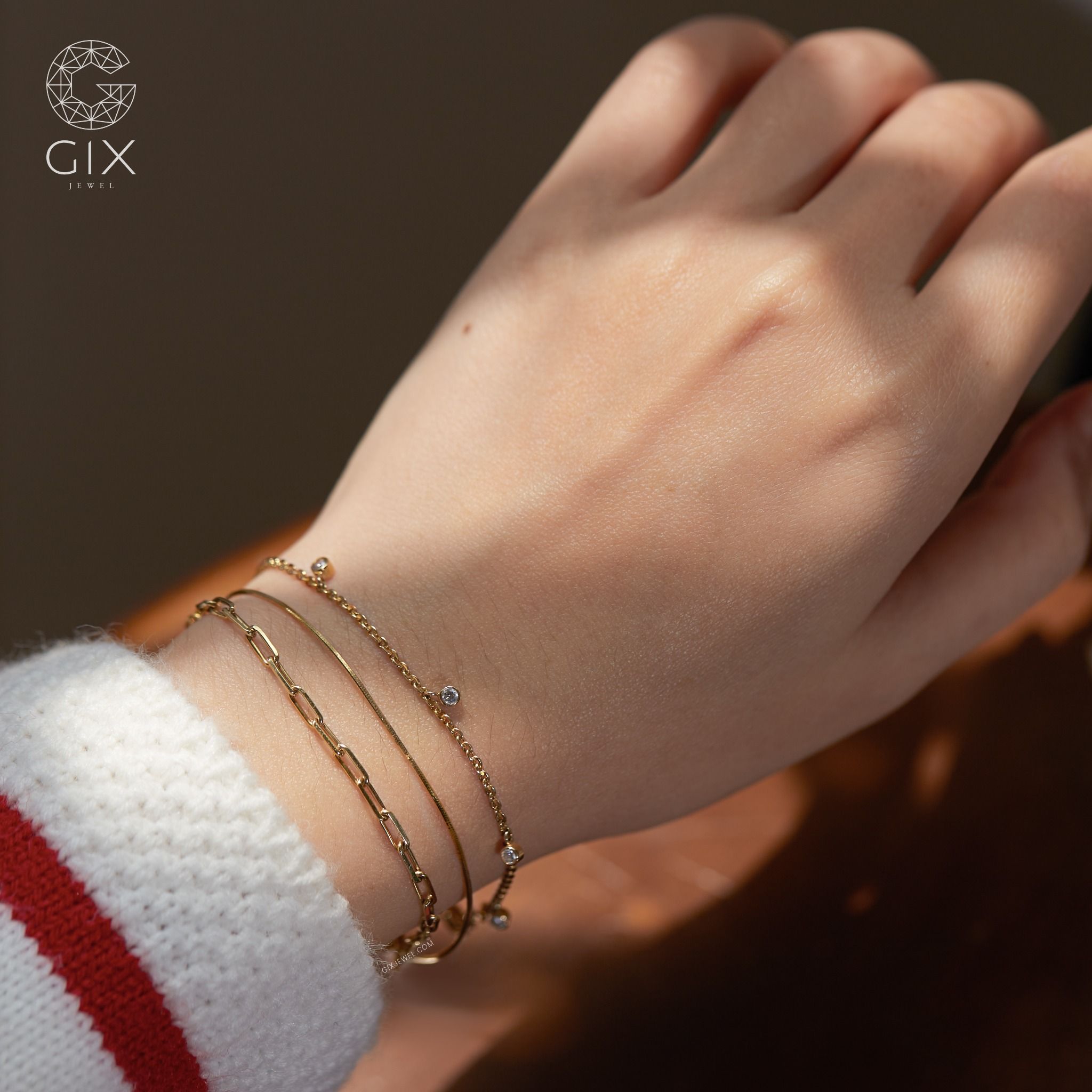 Vòng tay đôi bạc nam nữ mạ vàng 18k dây xích vuông mỏng trơn đơn giản đẹp Gixjewelry
