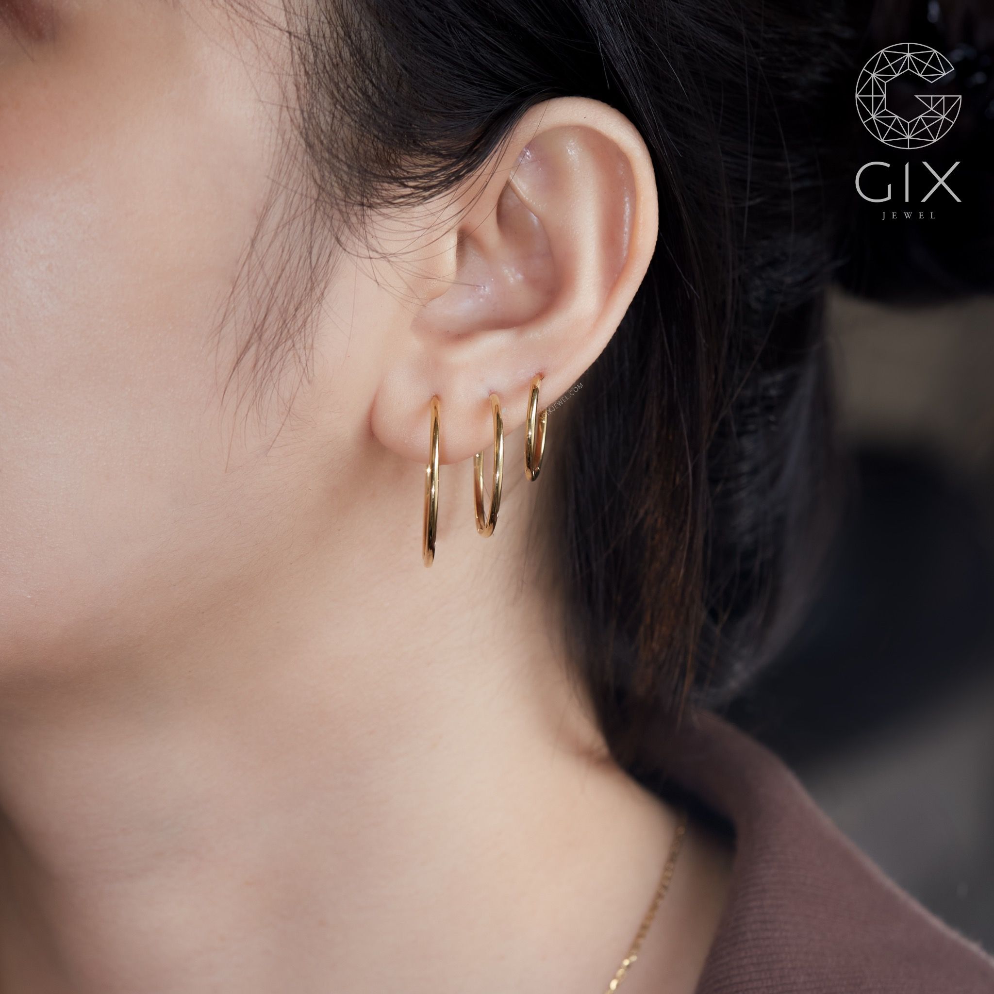 Bông tai tròn lớn trơn 25mm vàng 10k bạc nữ đơn giản cho mặt tròn tóc ngắn Gix Jewel