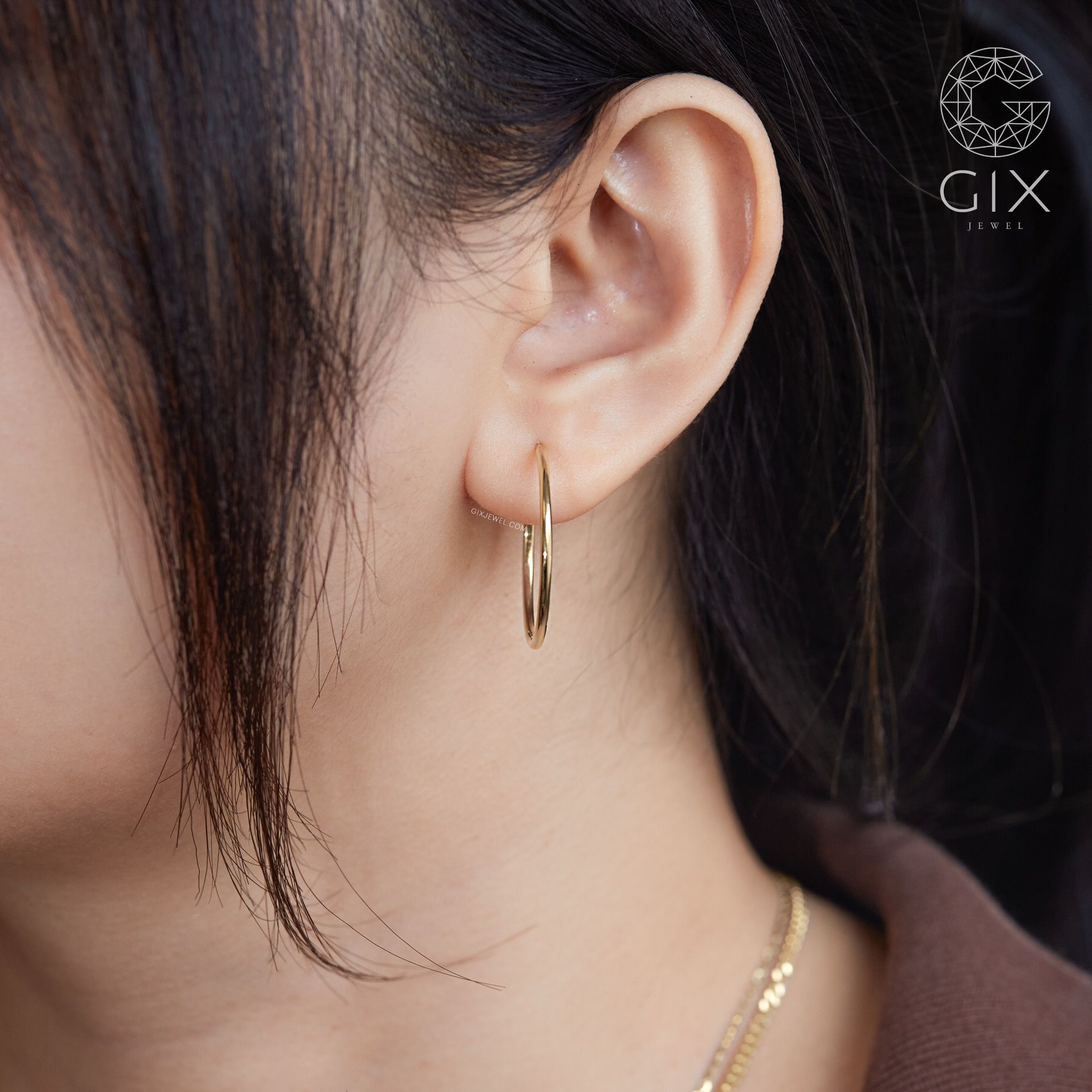 Bông tai tròn lớn trơn 25mm vàng 10k bạc nữ đơn giản cho mặt tròn tóc ngắn Gix Jewel