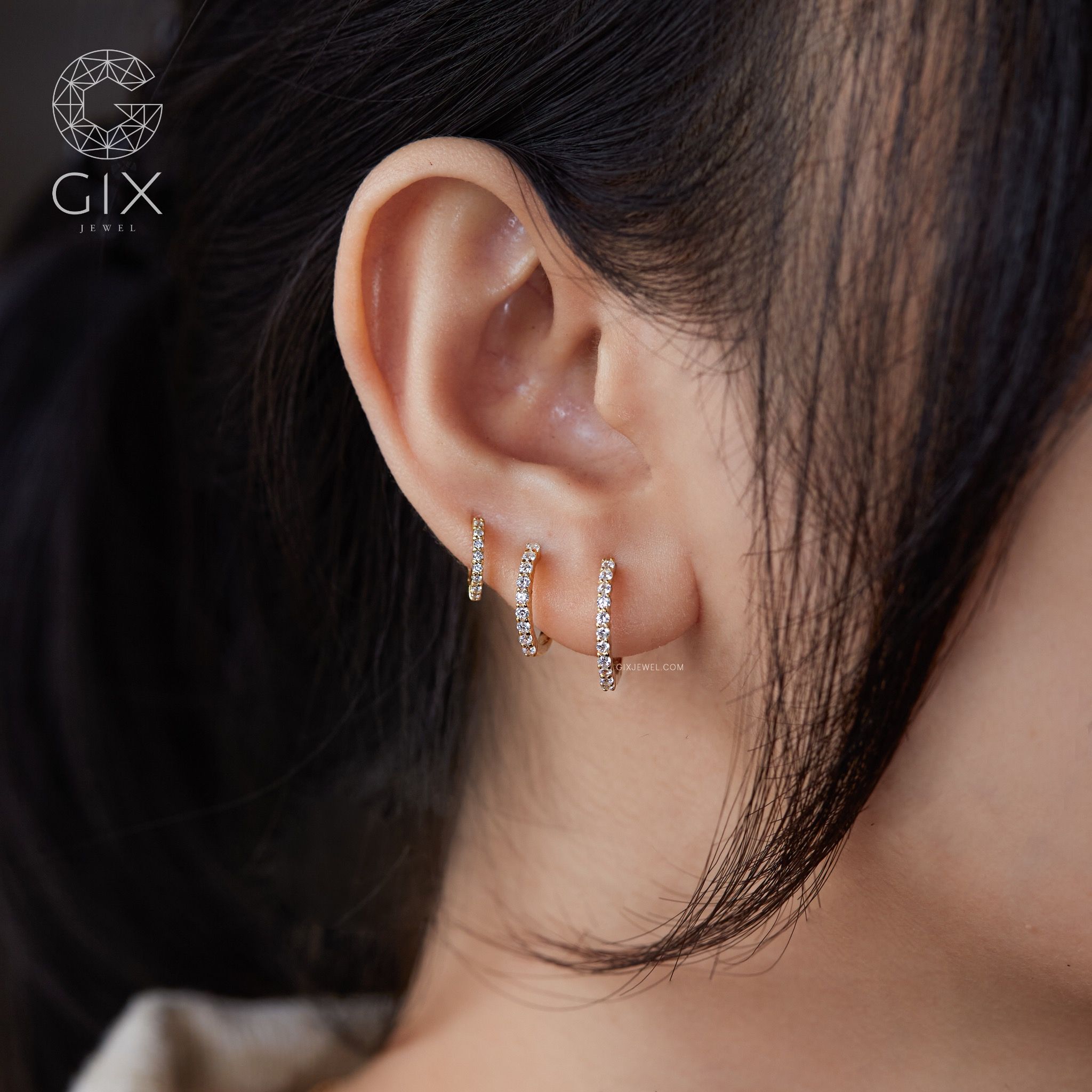 Bông tai nữ vàng 18k bạc đẹp khoen tròn 12mm đơn giản đẹp đính đá sang trọng đi tiệc Gix