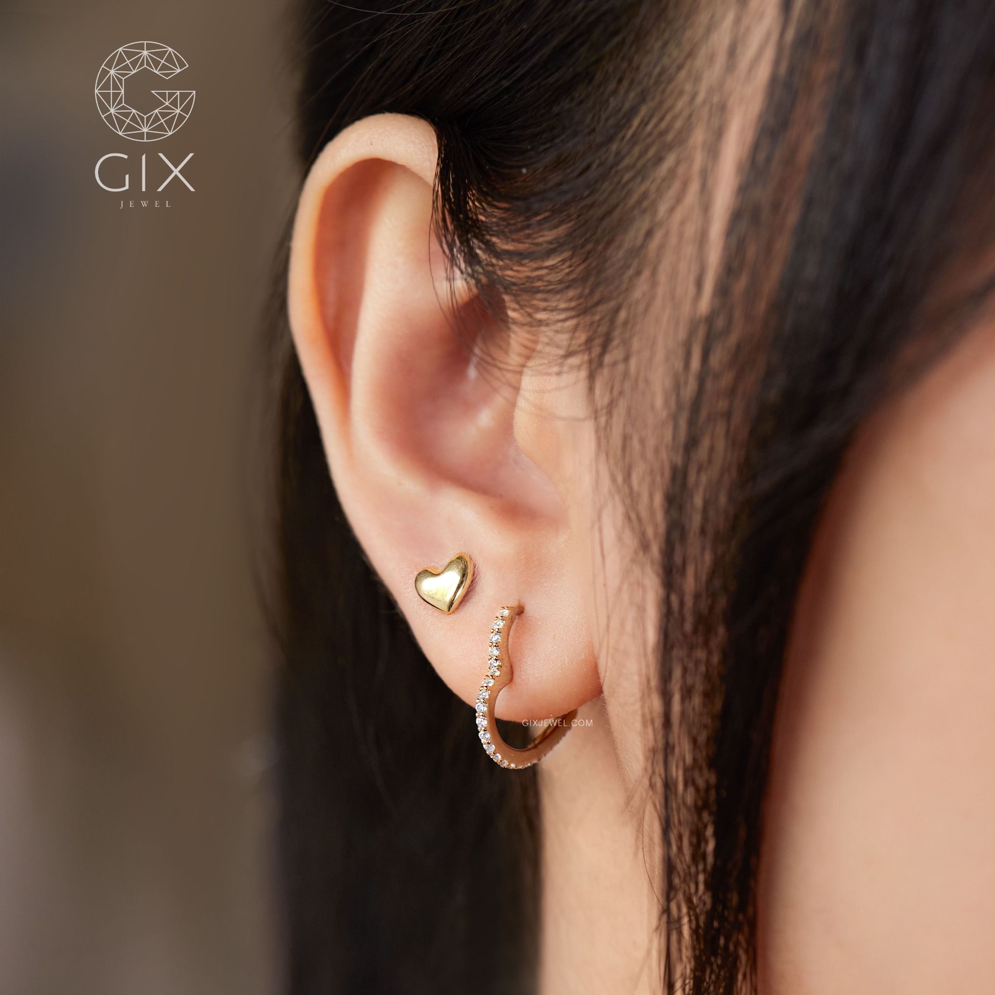 Bông tai 18k khoen tròn tòn ten đẹp hình trái tim dáng dài cho nữ sang trọng Gix