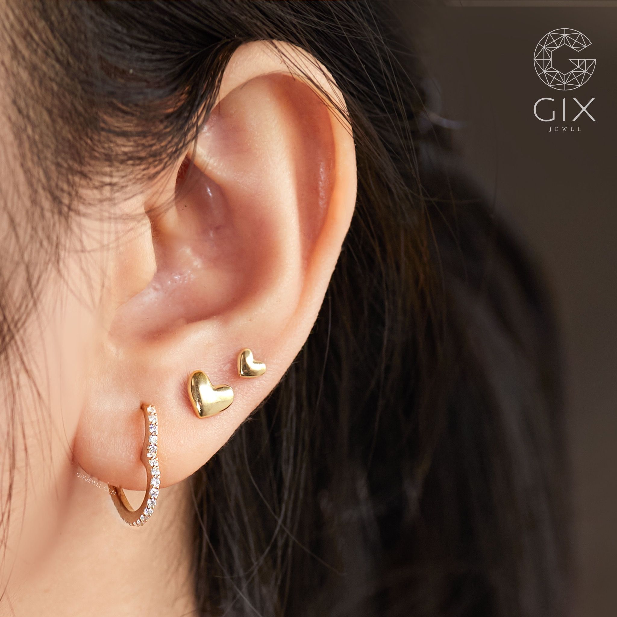 Bông tai 18k khoen tròn tòn ten đẹp hình trái tim dáng dài cho nữ sang trọng Gix