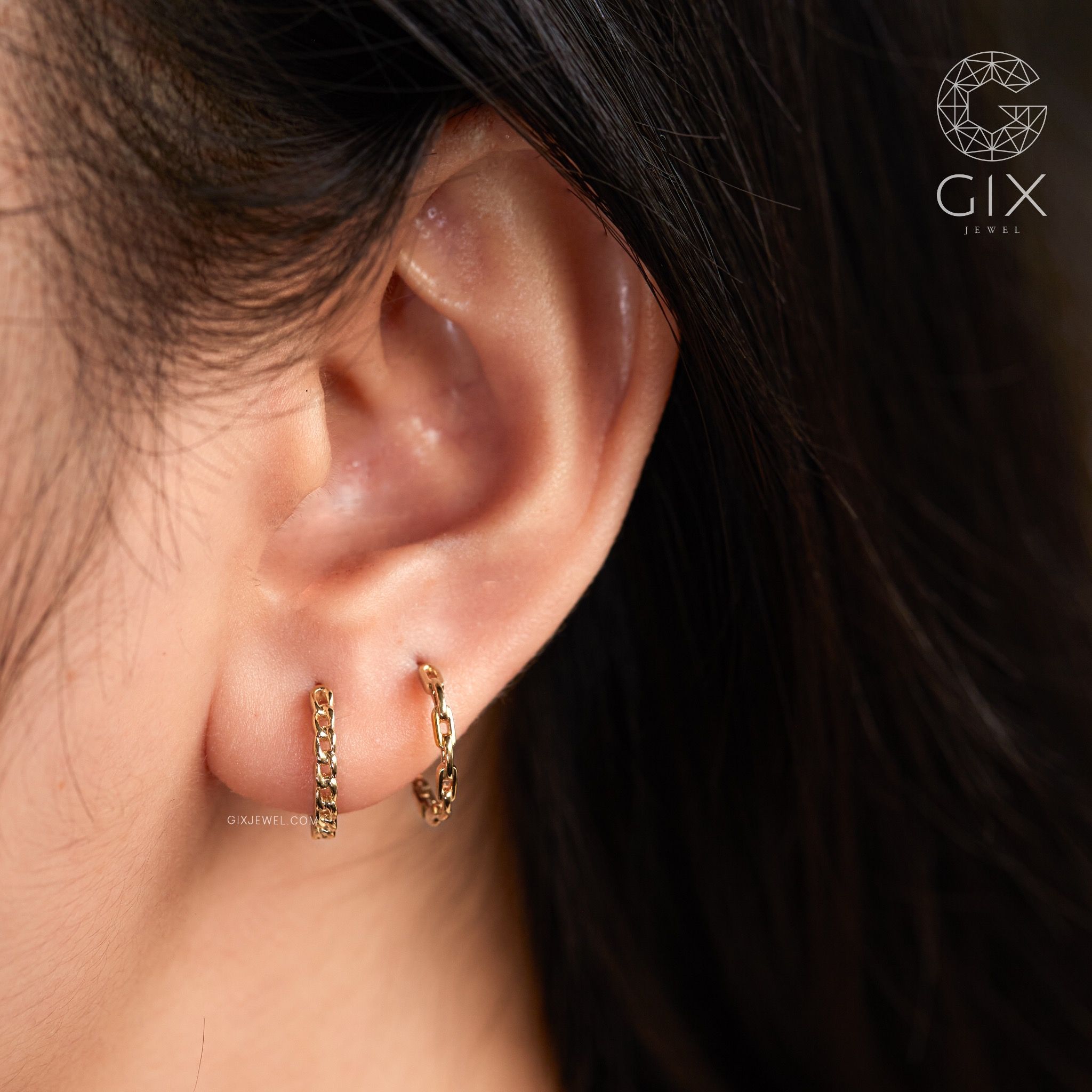 Khuyên tai tròn bạc nam nữ cá tính bạc ta Gix Jewel mạ vàng 18k phối xích