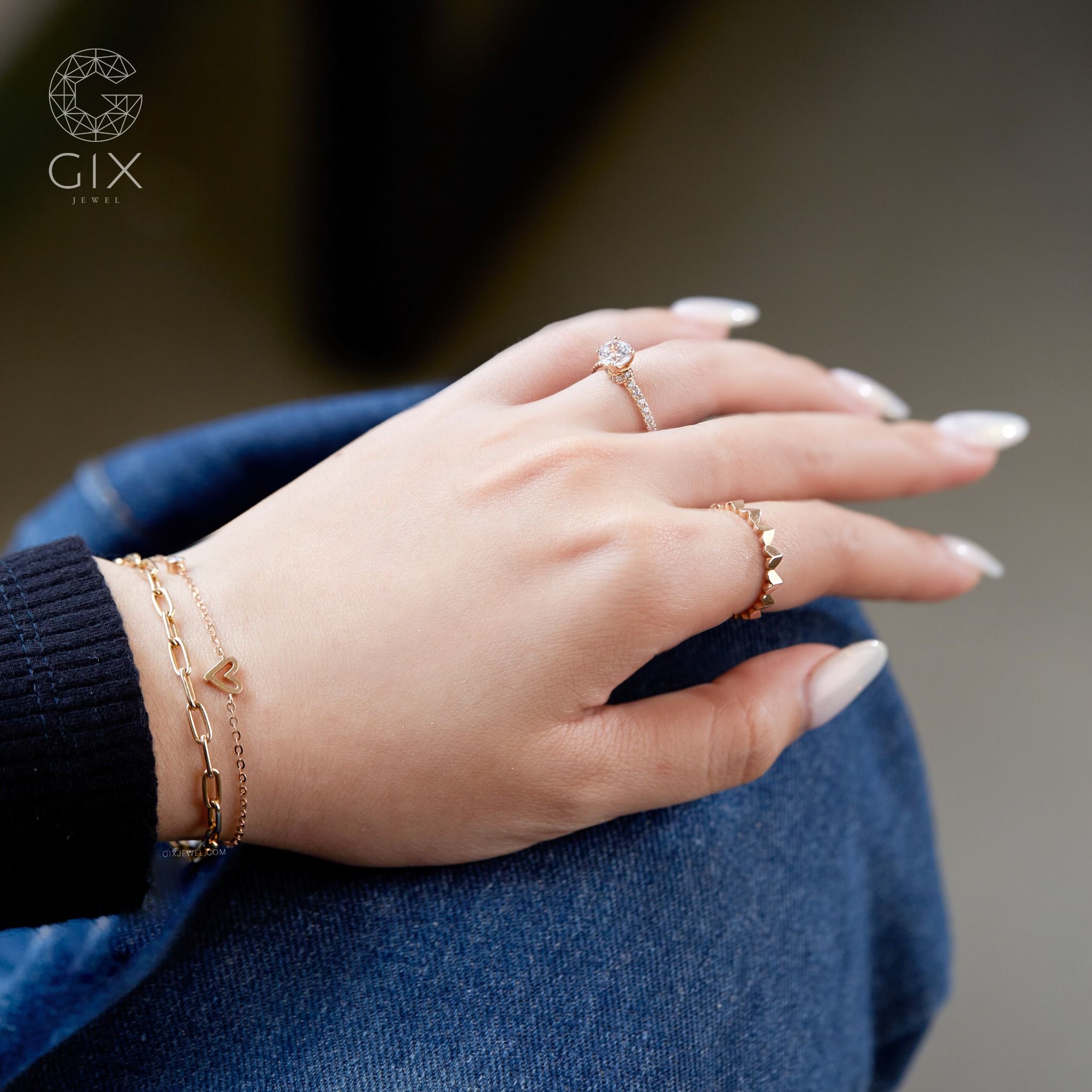 Lắc tay bạc nữ vàng 18k sợi chữ cong trái tim dễ thương đính kim cương Gix Jewelry