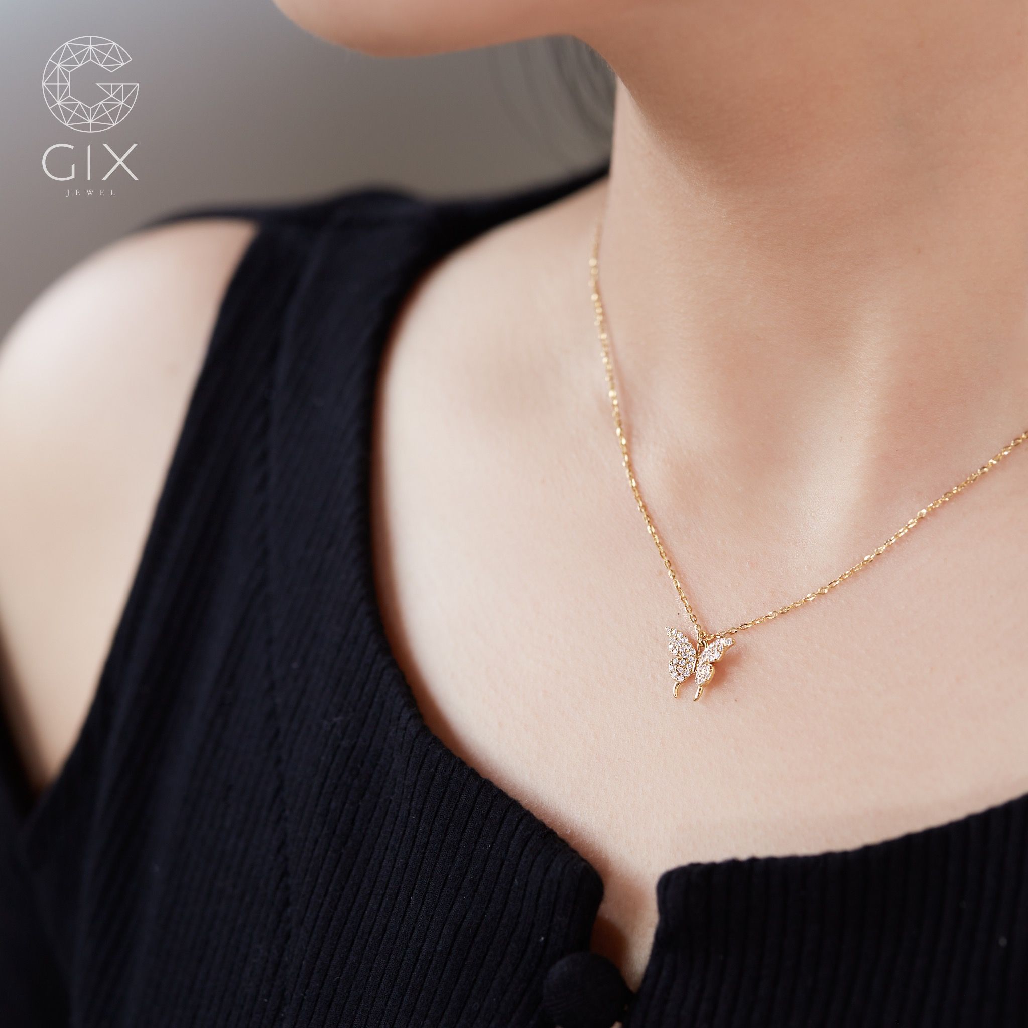 Vòng cổ đẹp cho nữ vàng tây hình bướm dễ thương đính kim cương Gix Jewelry