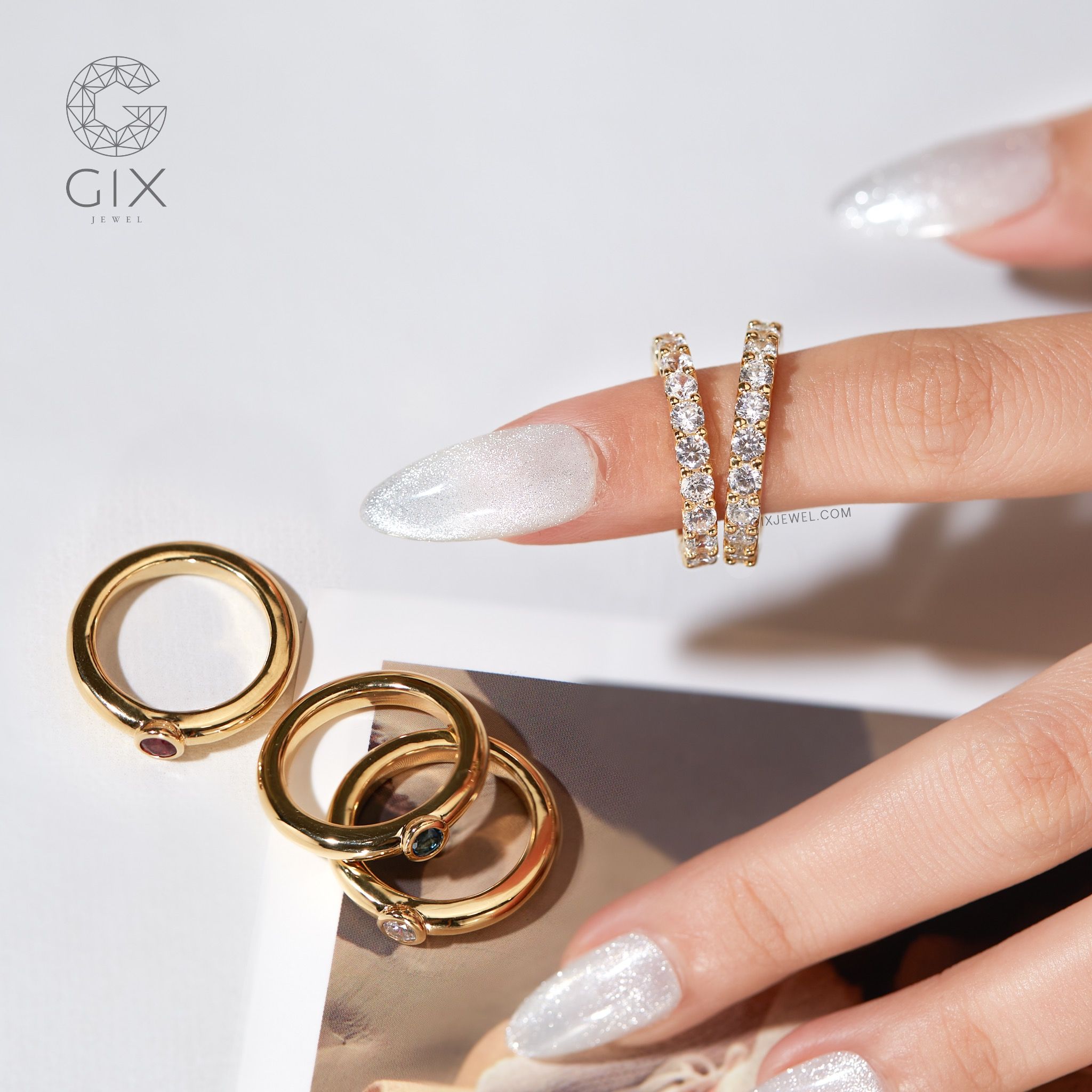Nhẫn kim cương vàng 18k nữ đẹp đơn giản bạc ý cao cấp đeo ngón trỏ Gixjewel