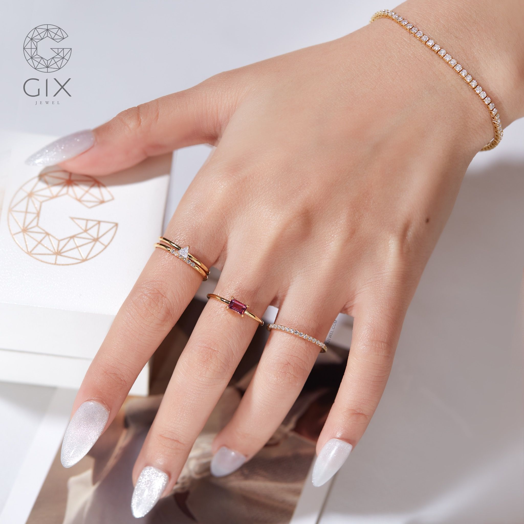 Nhẫn mặt đá nữ bạc 925 vàng 18k Gix Jewel đính đá moissanite đeo ngón trỏ cá tính