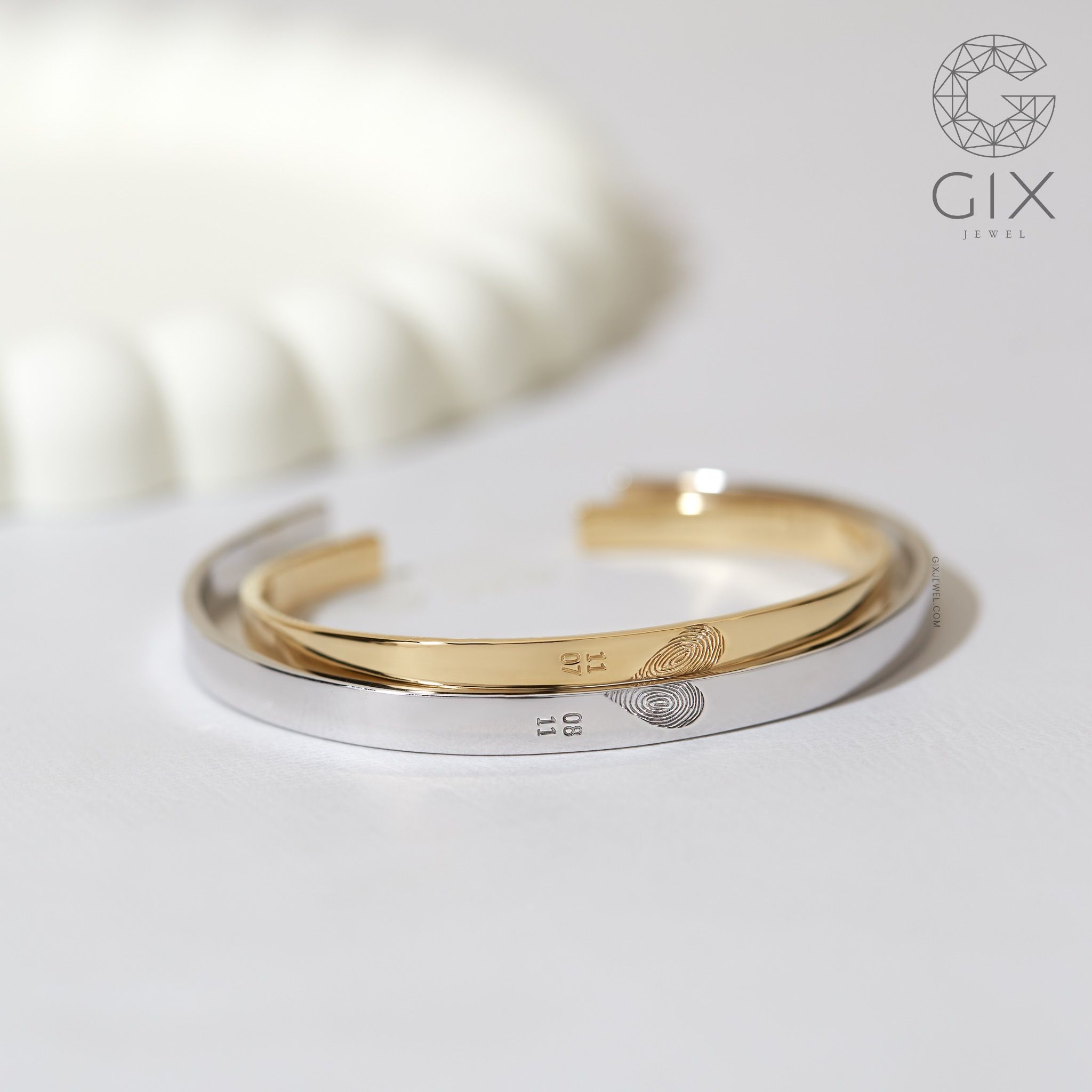 Vòng tay đôi cute dạng cuff cứng bạc 925 vàng 18k bản nhỏ khắc tên vân tay ý nghĩa Gix