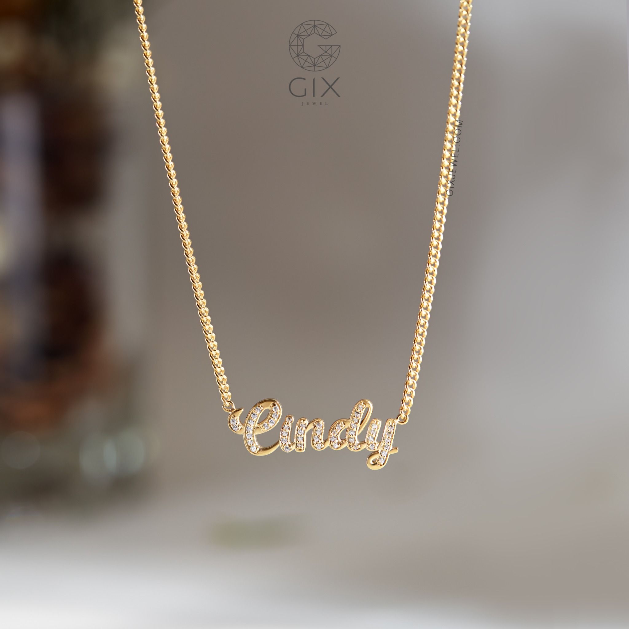 Dây chuyền in tên vàng tây cho nam nữ sọi khoen lật đeo cổ đính đá đẹp Gix Jewel