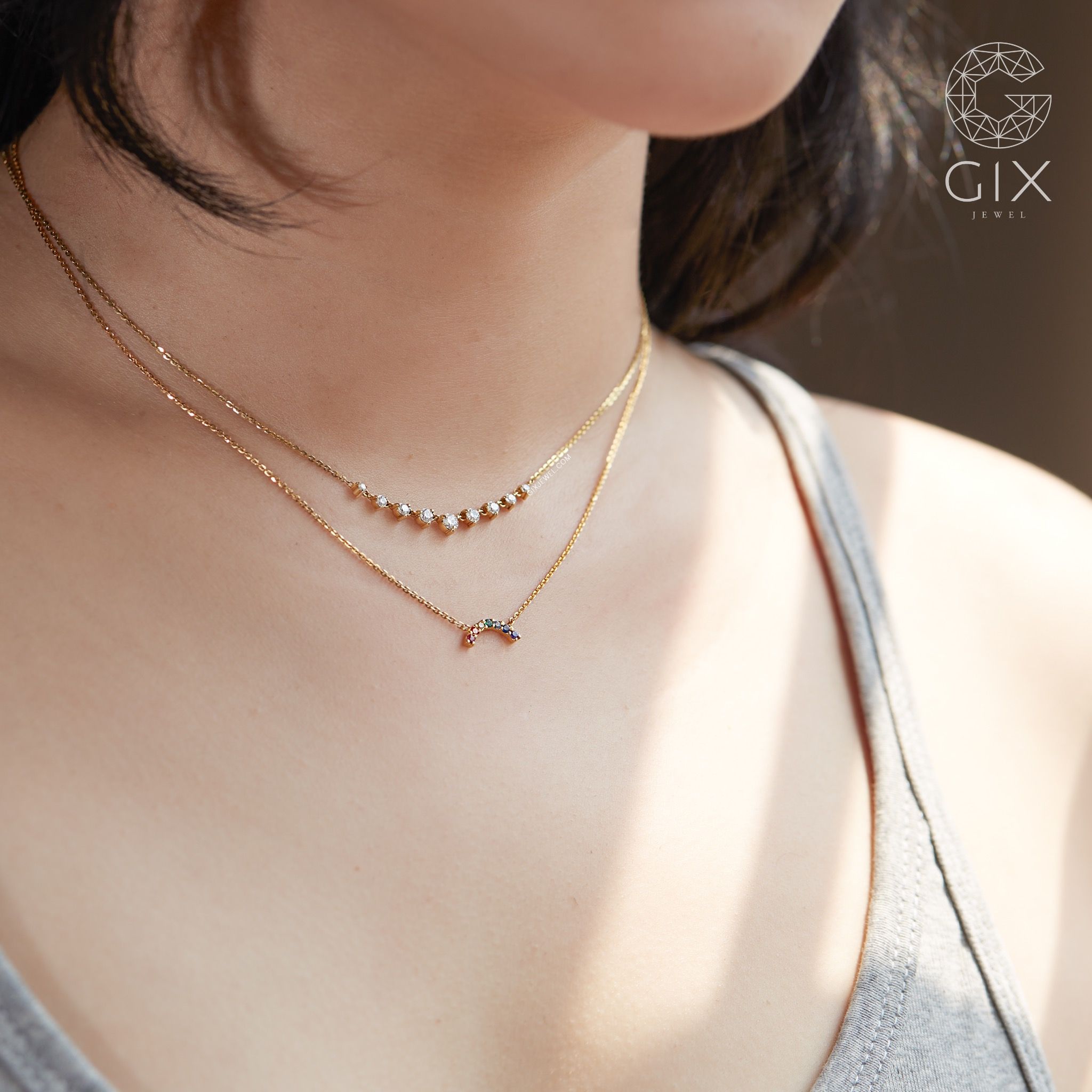 Dây chuyền vàng sợi mảnh 18k chữ cong vuông đính kim cương kiểu mới Gix Jewel