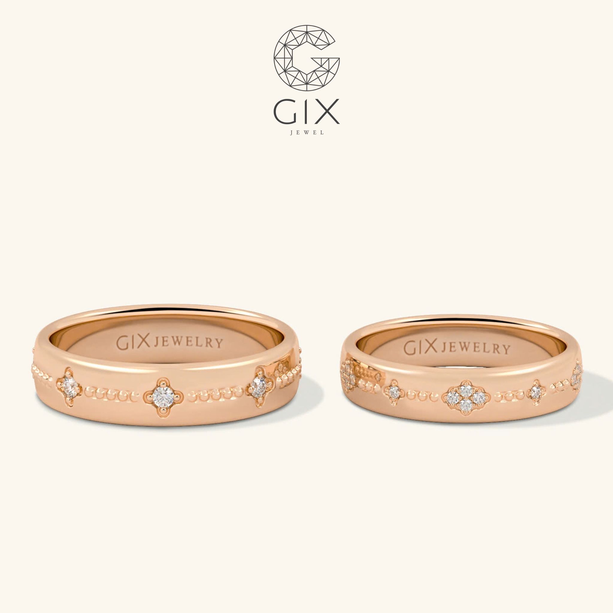 Nhẫn cưới hoa văn đẹp vàng 18k kiểu Hàn Quốc đính kim cương nhân tạo sang trọng Gix Jewel