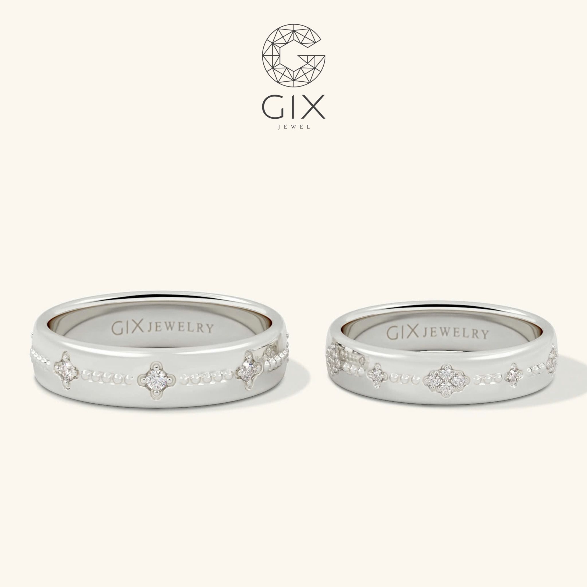 Nhẫn cưới hoa văn đẹp vàng 18k kiểu Hàn Quốc đính kim cương nhân tạo sang trọng Gix Jewel