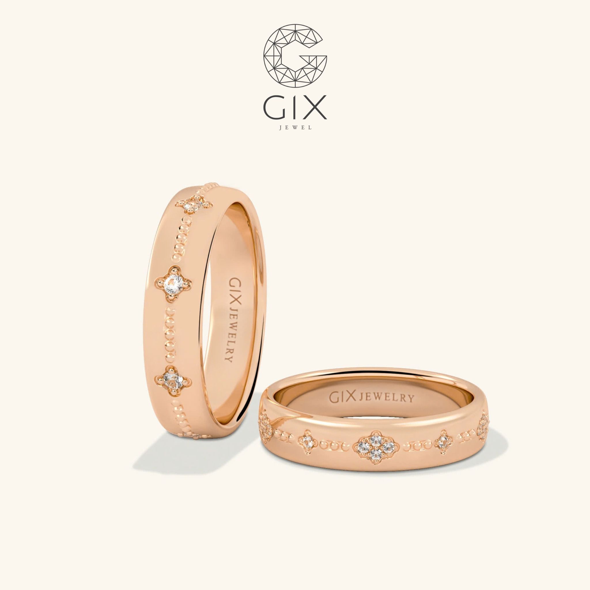 Nhẫn cưới hoa văn đẹp vàng 18k kiểu Hàn Quốc đính kim cương nhân tạo sang trọng Gix Jewel