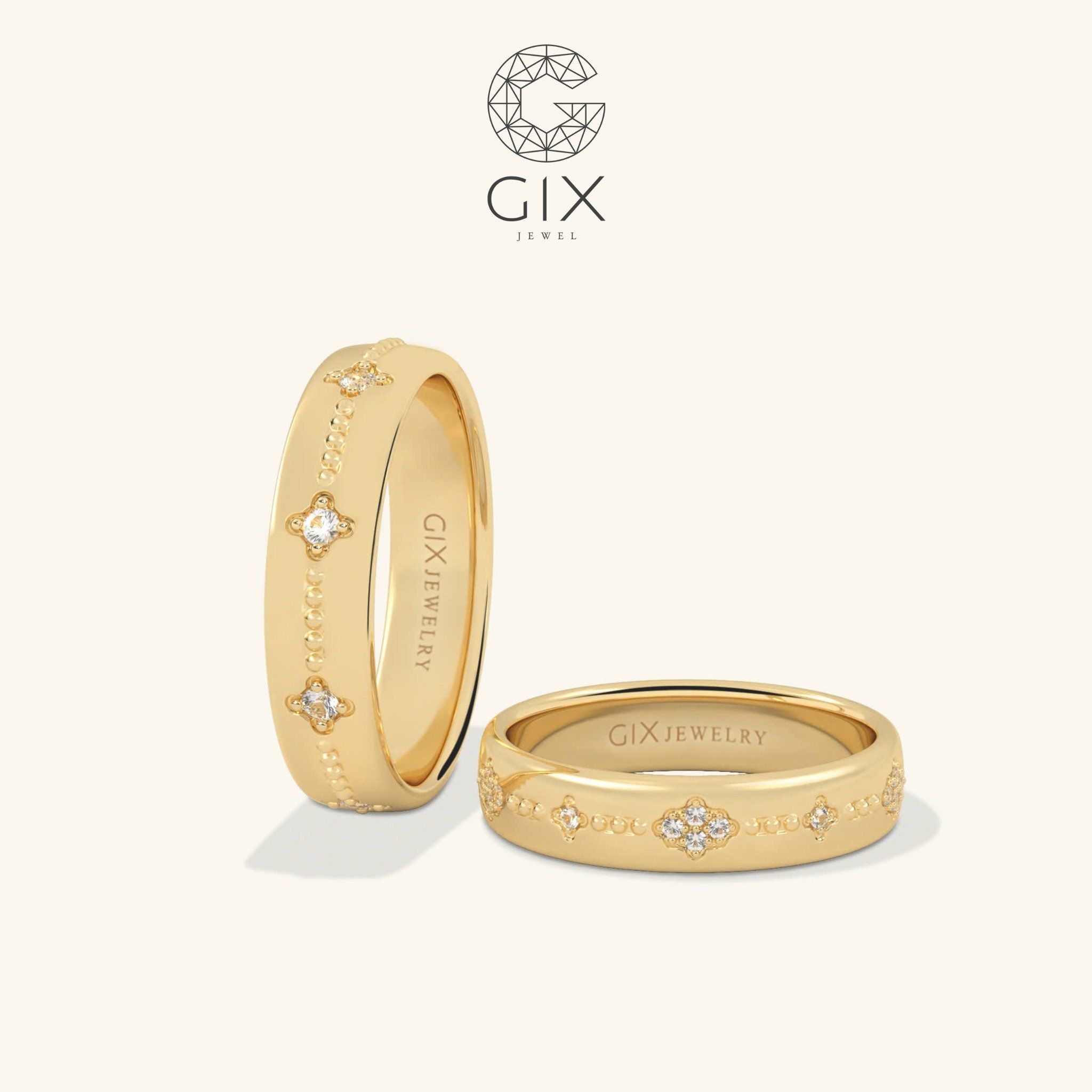 Nhẫn cưới hoa văn đẹp vàng 18k kiểu Hàn Quốc đính kim cương nhân tạo sang trọng Gix Jewel