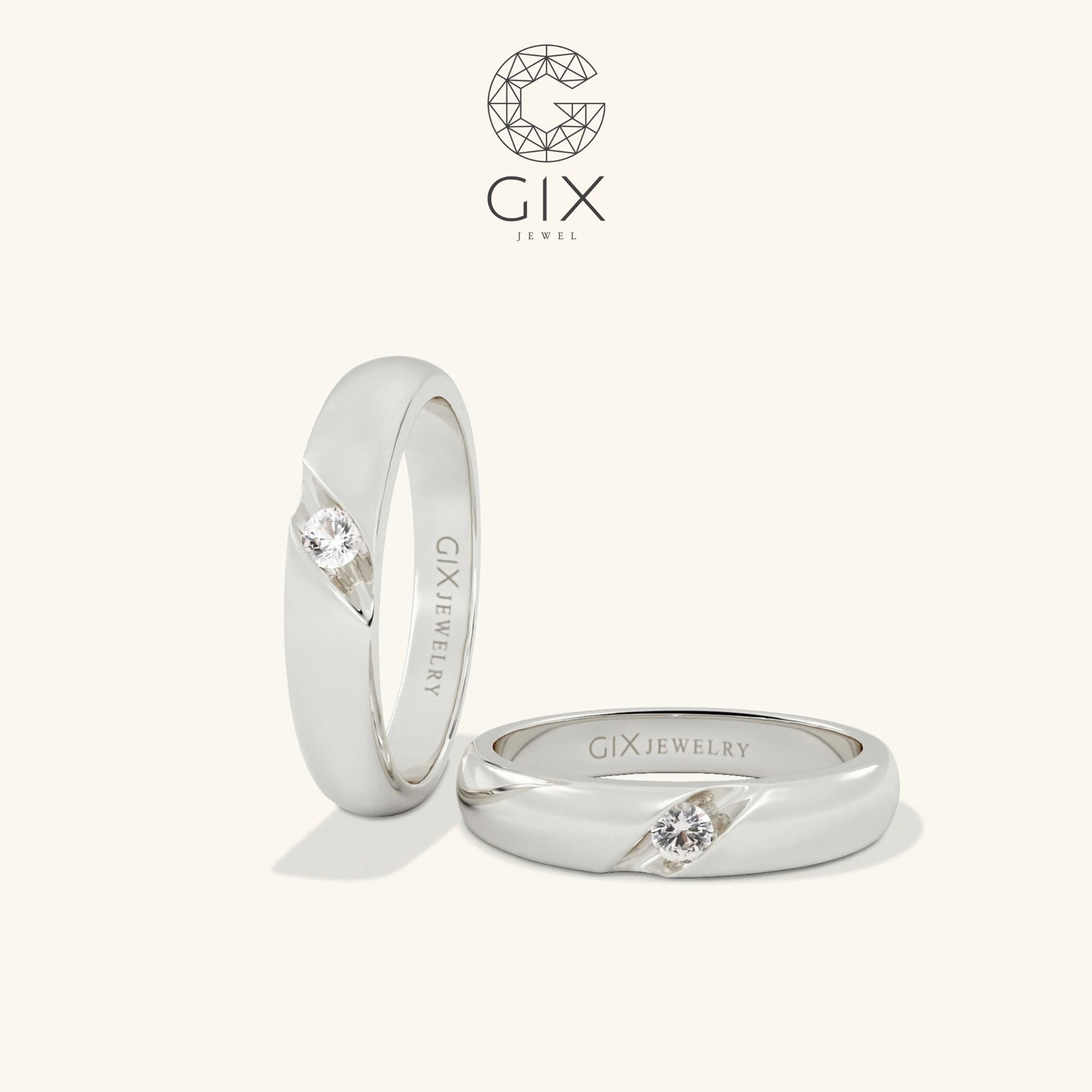 Nhẫn cưới đẹp vàng tây 18k uy tín đính kim cương thật khắc chữ Gix Jewel