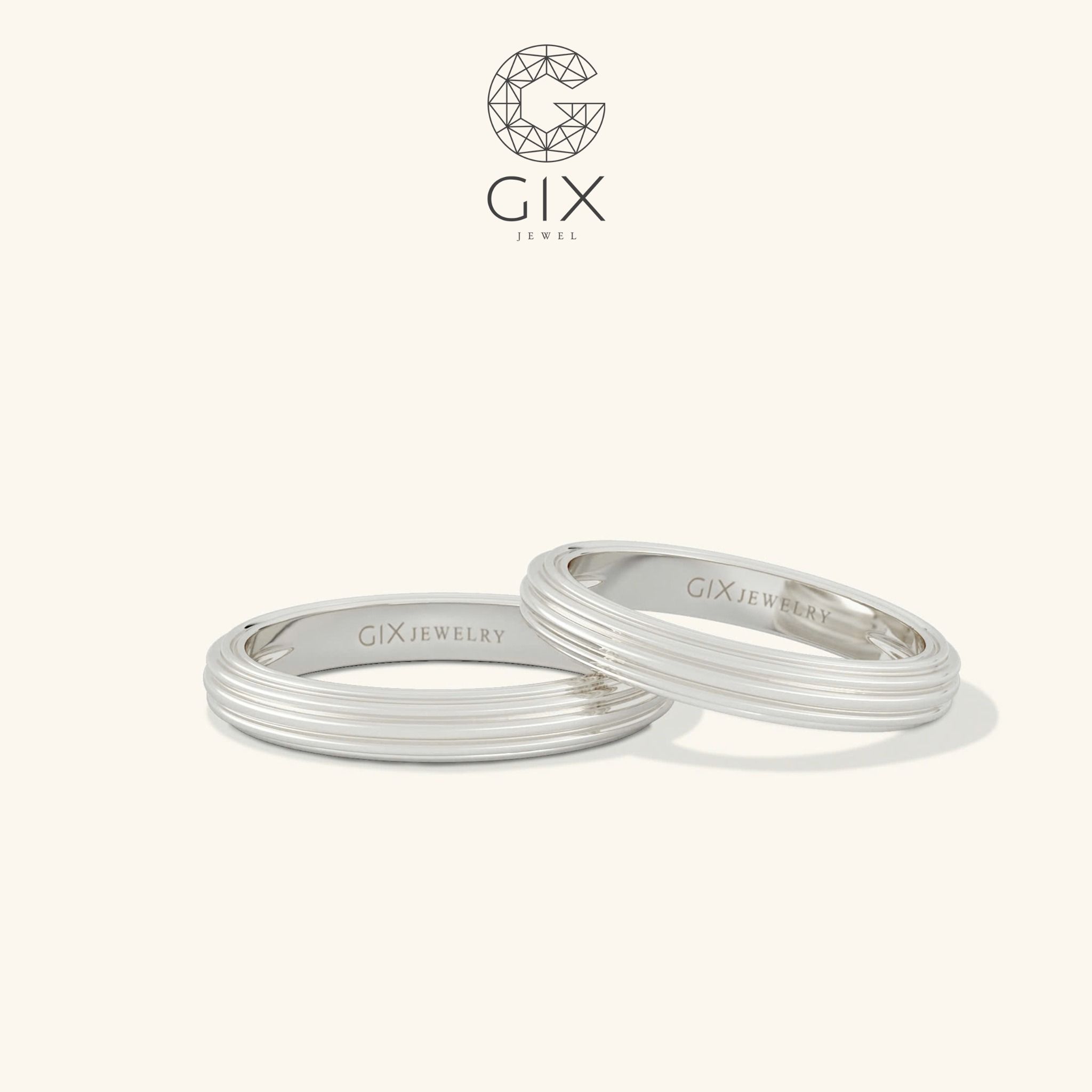 Nhẫn cưới trơn vàng trắng 18k thiết kế đẹp khắc chữ Gix Jewelry