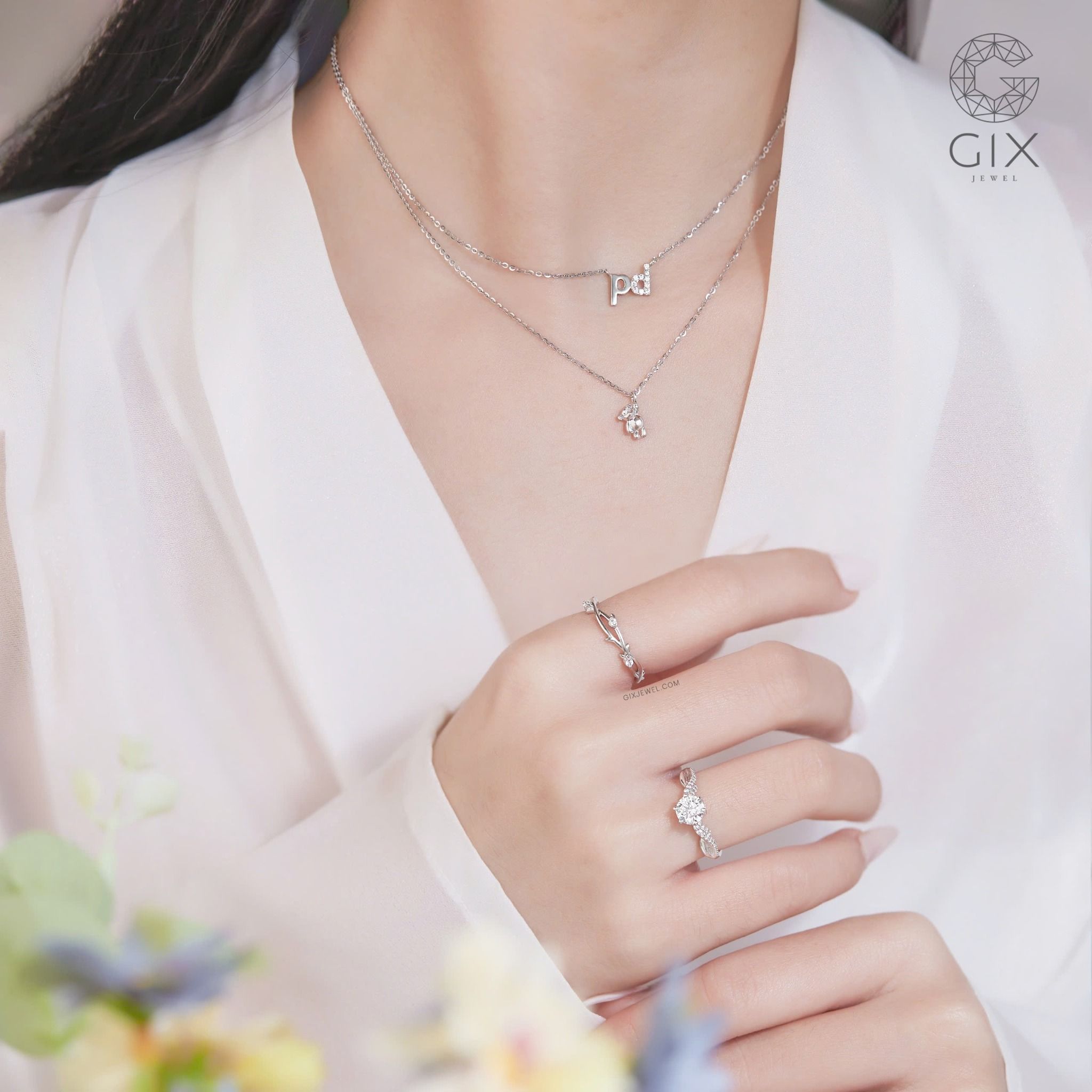 Nhẫn cầu hôn dưới 5 triệu đơn giản vàng trắng 18k đính kim cương Moissanite Gix