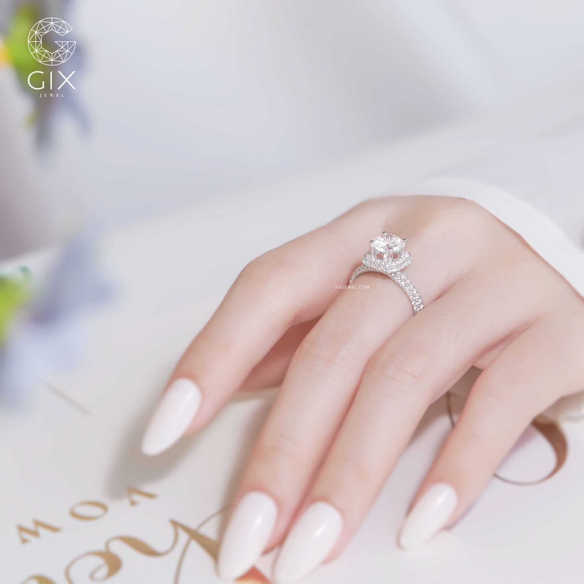 Nhẫn cầu hôn nữ dáng Halo vàng hồng 18k siêu đẹp đính kim cương lớn tặng bạn gái Gixjewel