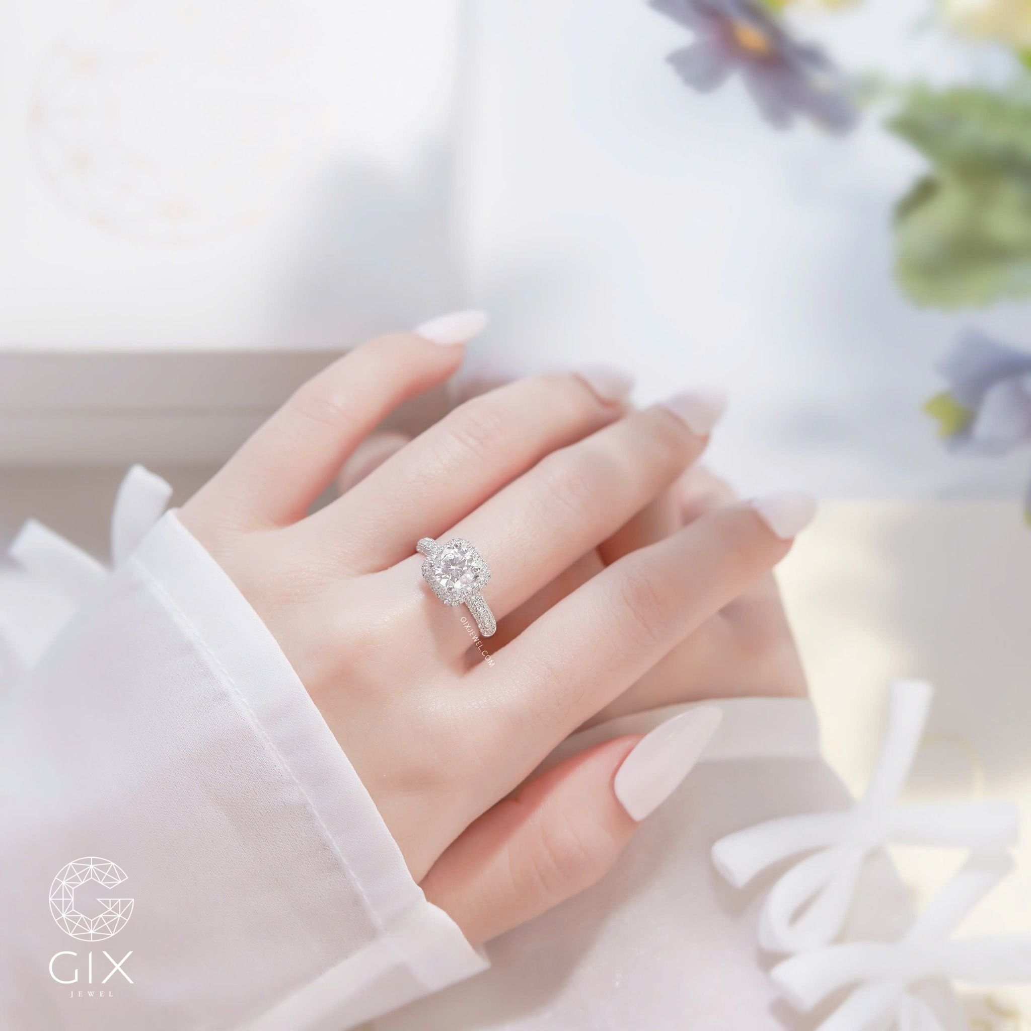 Nhẫn cầu hôn nữ dáng Halo vàng hồng 18k siêu đẹp đính kim cương lớn tặng bạn gái Gixjewel