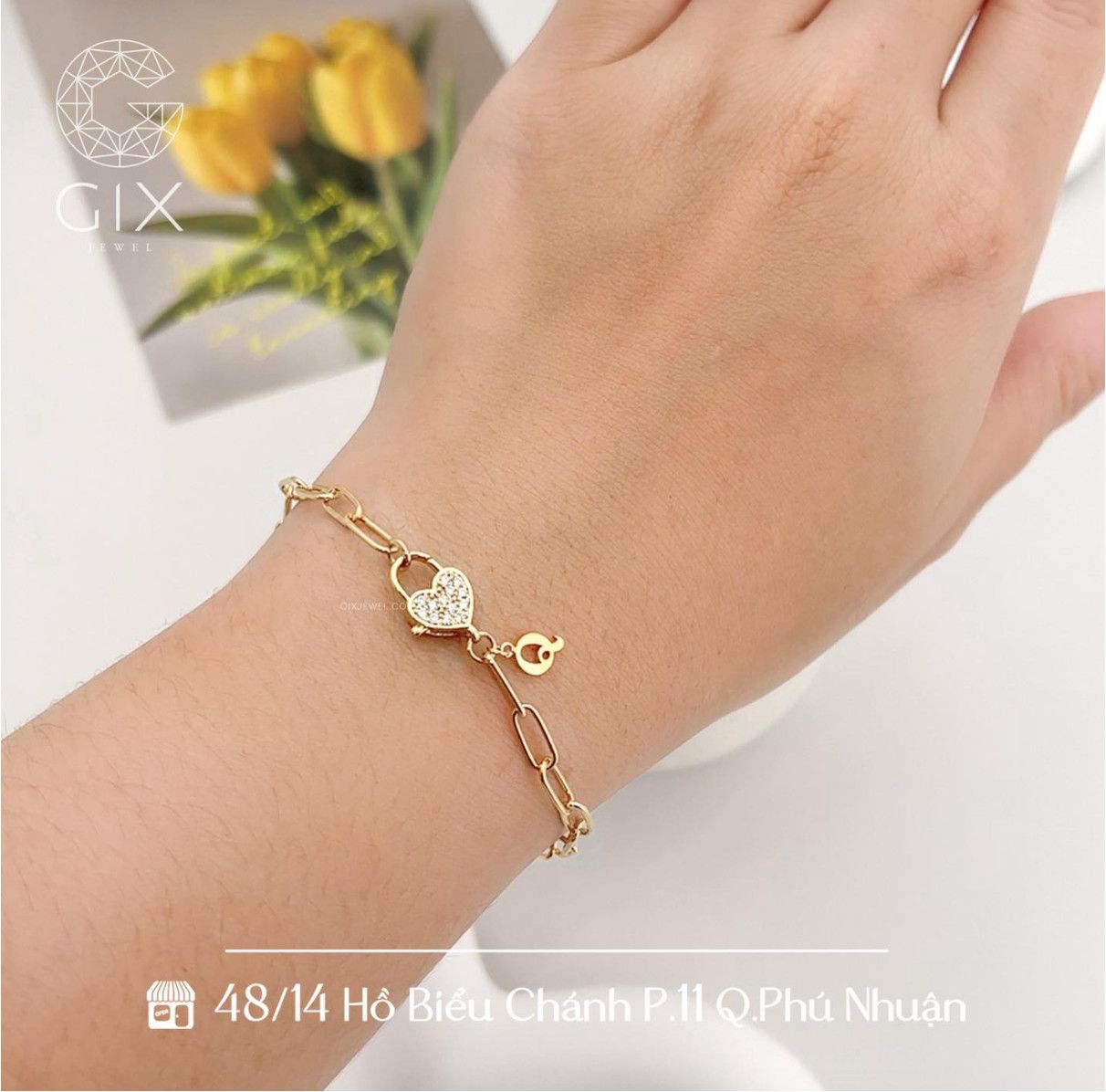Vòng tay đôi tình yêu cho nam nữ sợi xích vàng 18k & bạc 925 gắn charm vàng trái tim và chữ Gix